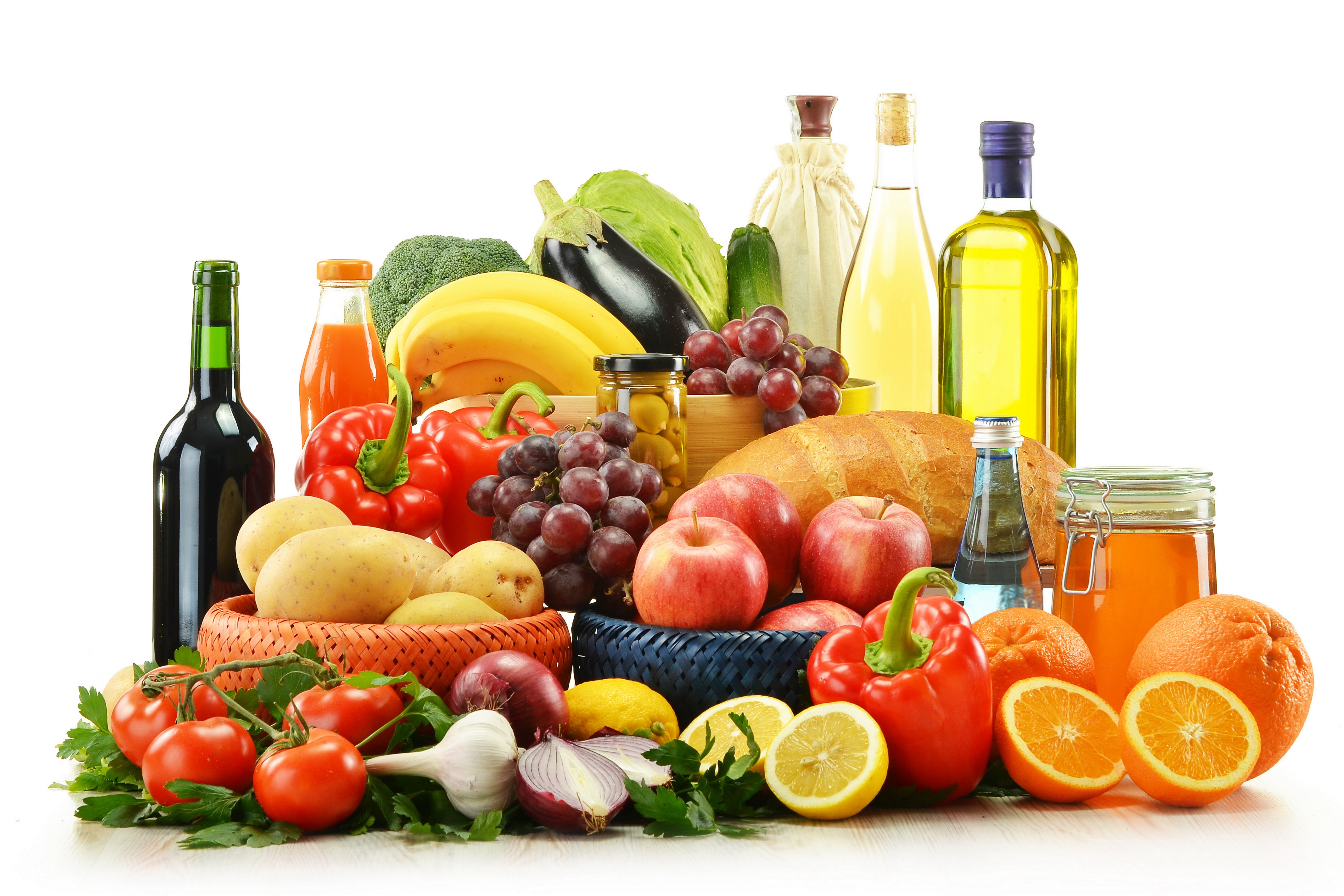 Still-life of fruits, vegetables, and bottles HD Wallpaper