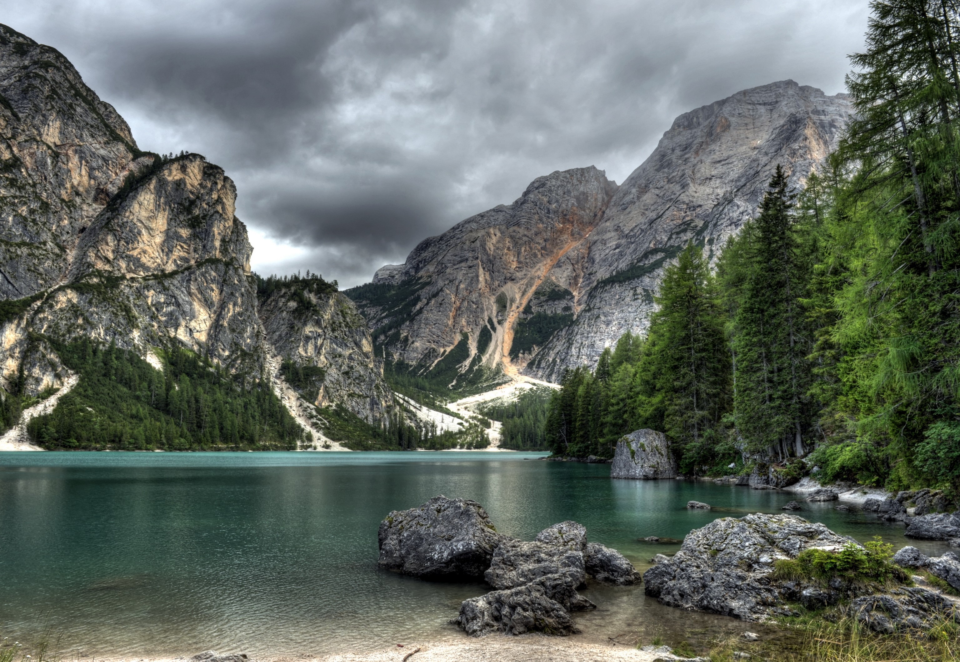 Lake Braies in Prags, Italy with Mountains and Forest HD Wallpaper