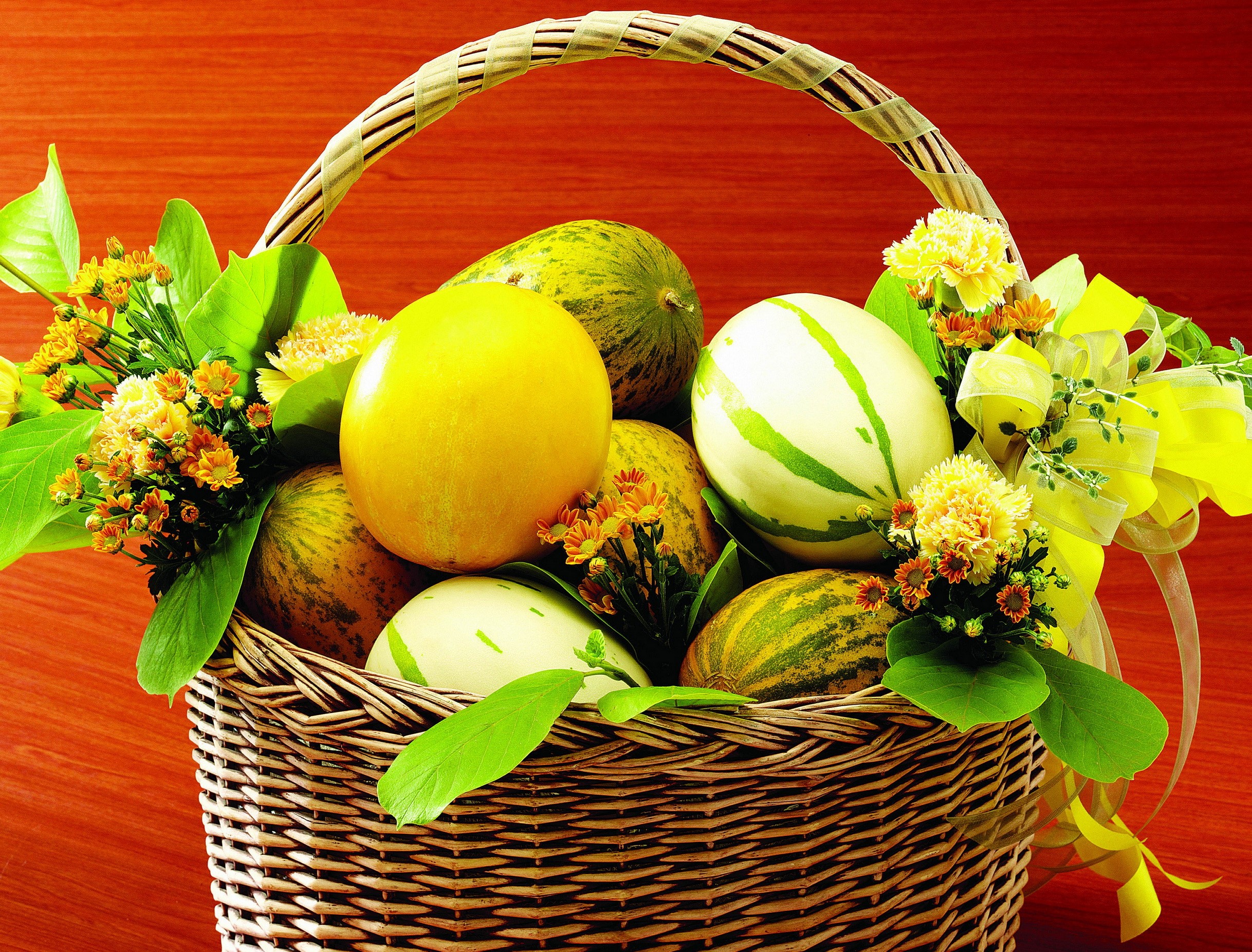 Fruit and Melons in a Wicker Basket HD Wallpaper