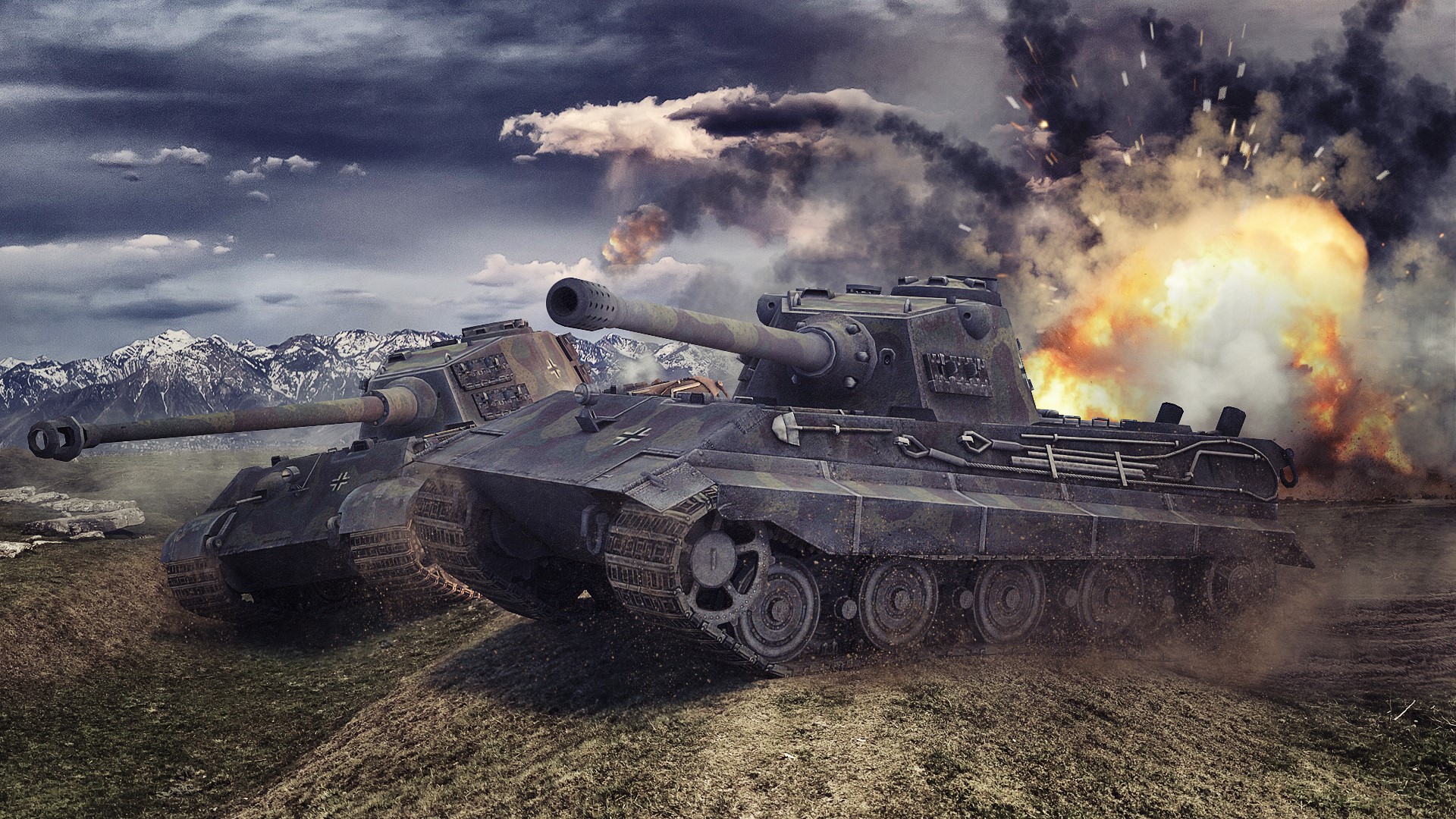 Two Tiger II E-75 tanks in World of Tanks during an explosion HD Wallpaper