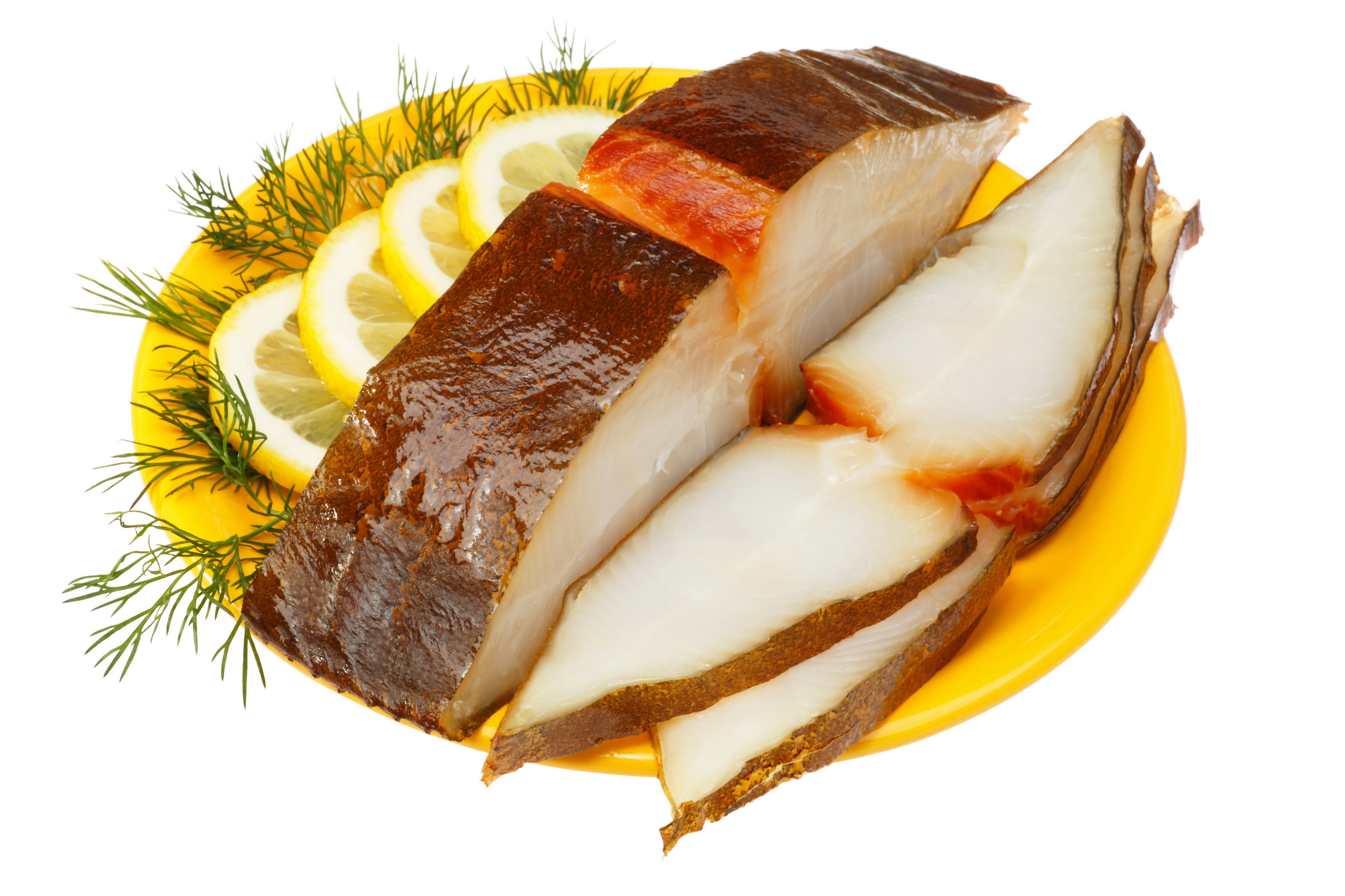 Smoked fish with lemon slices and dill on a yellow plate HD Wallpaper