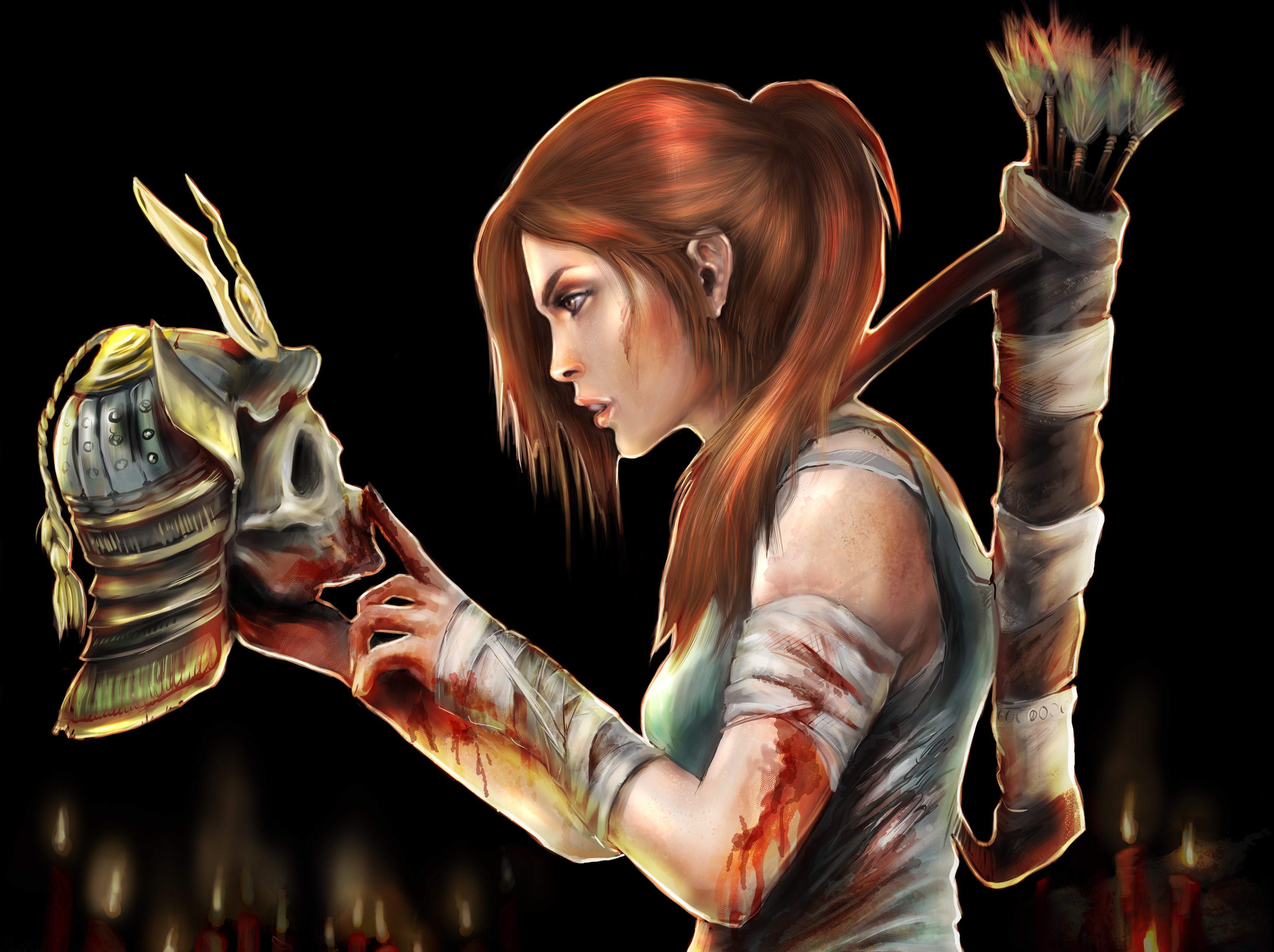 Lara Croft from Tomb Raider holding a skull with a helmet HD Wallpaper