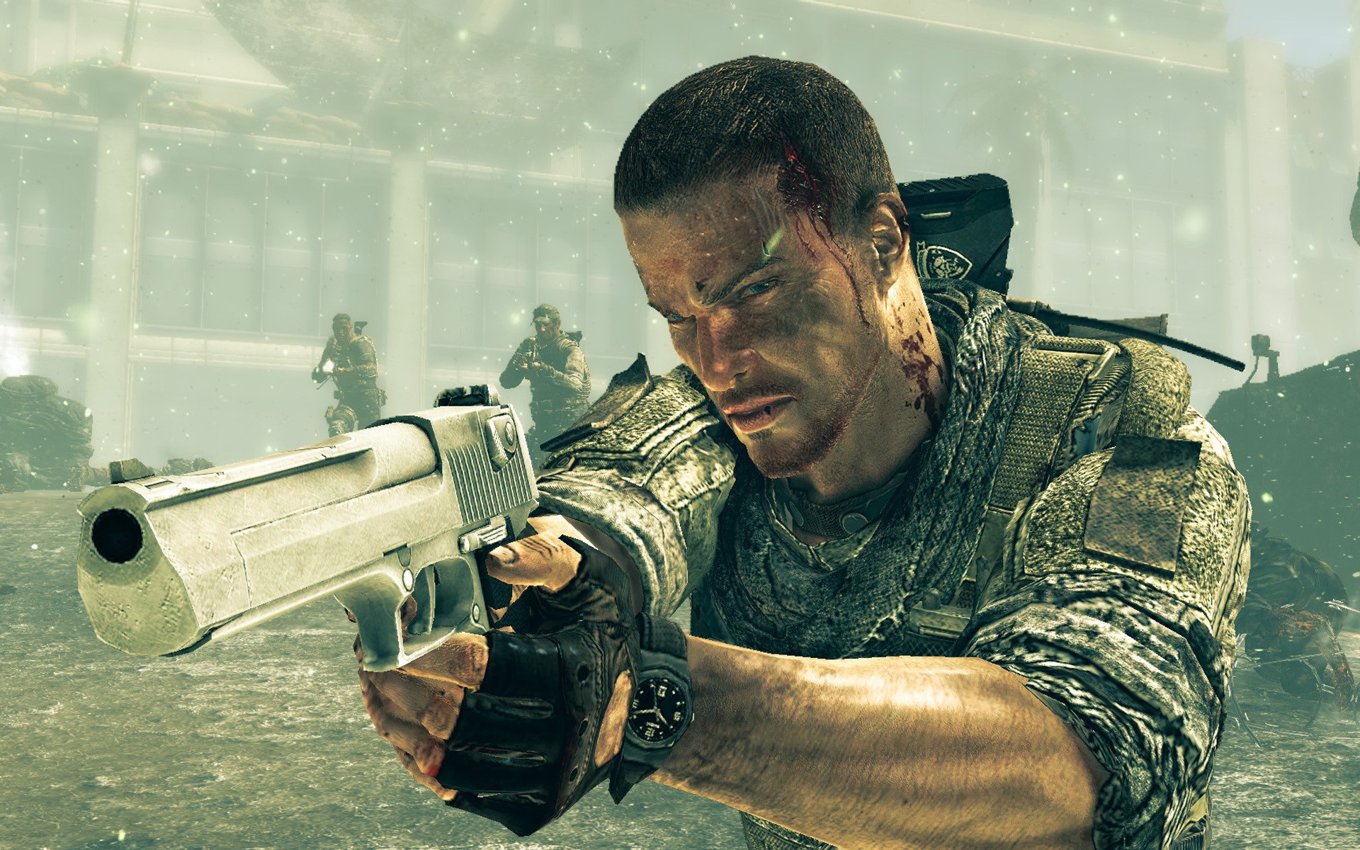 Soldier aiming a pistol in a warzone HD Wallpaper