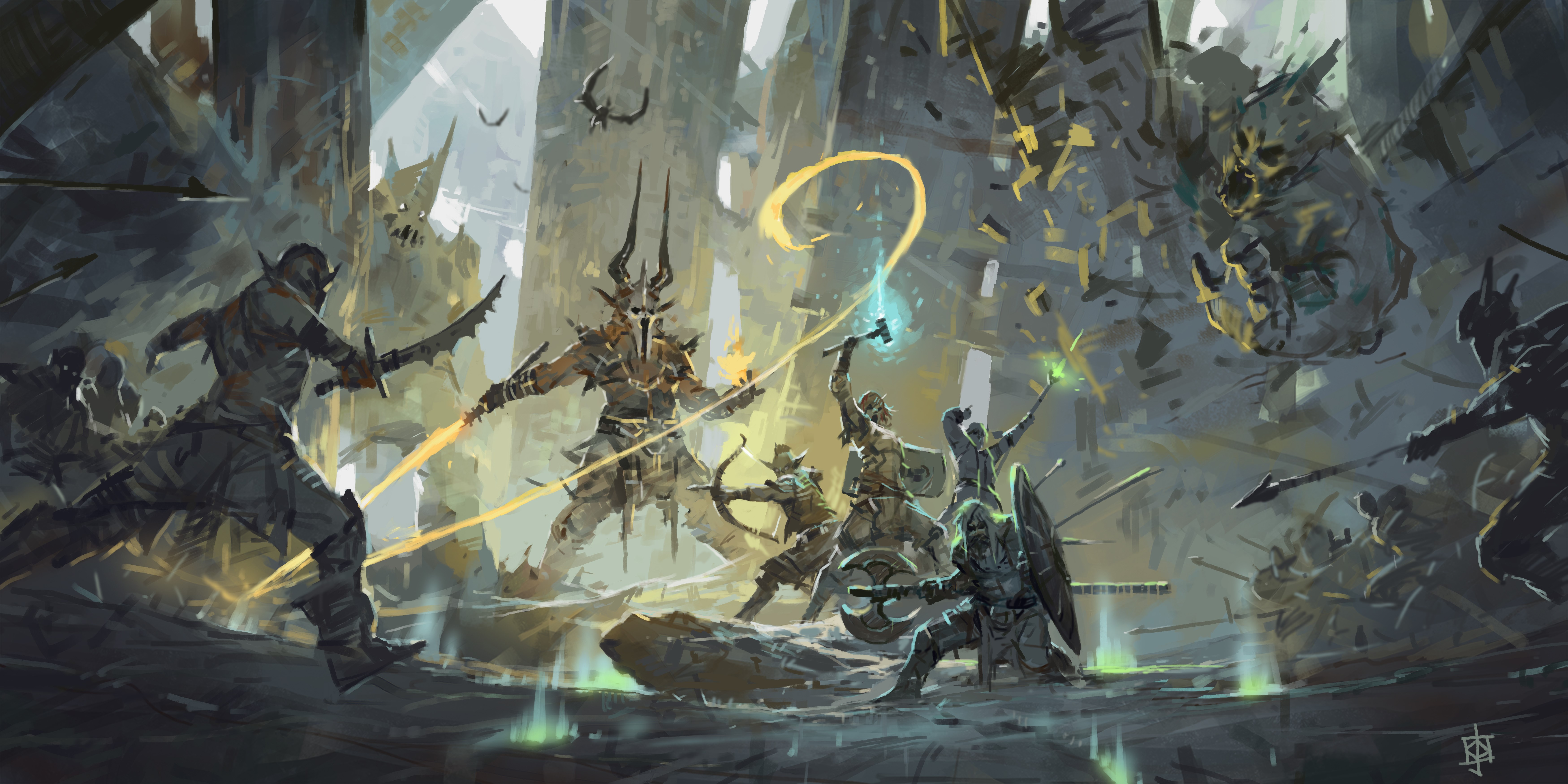Warriors battling monsters in a ruined city HD Wallpaper