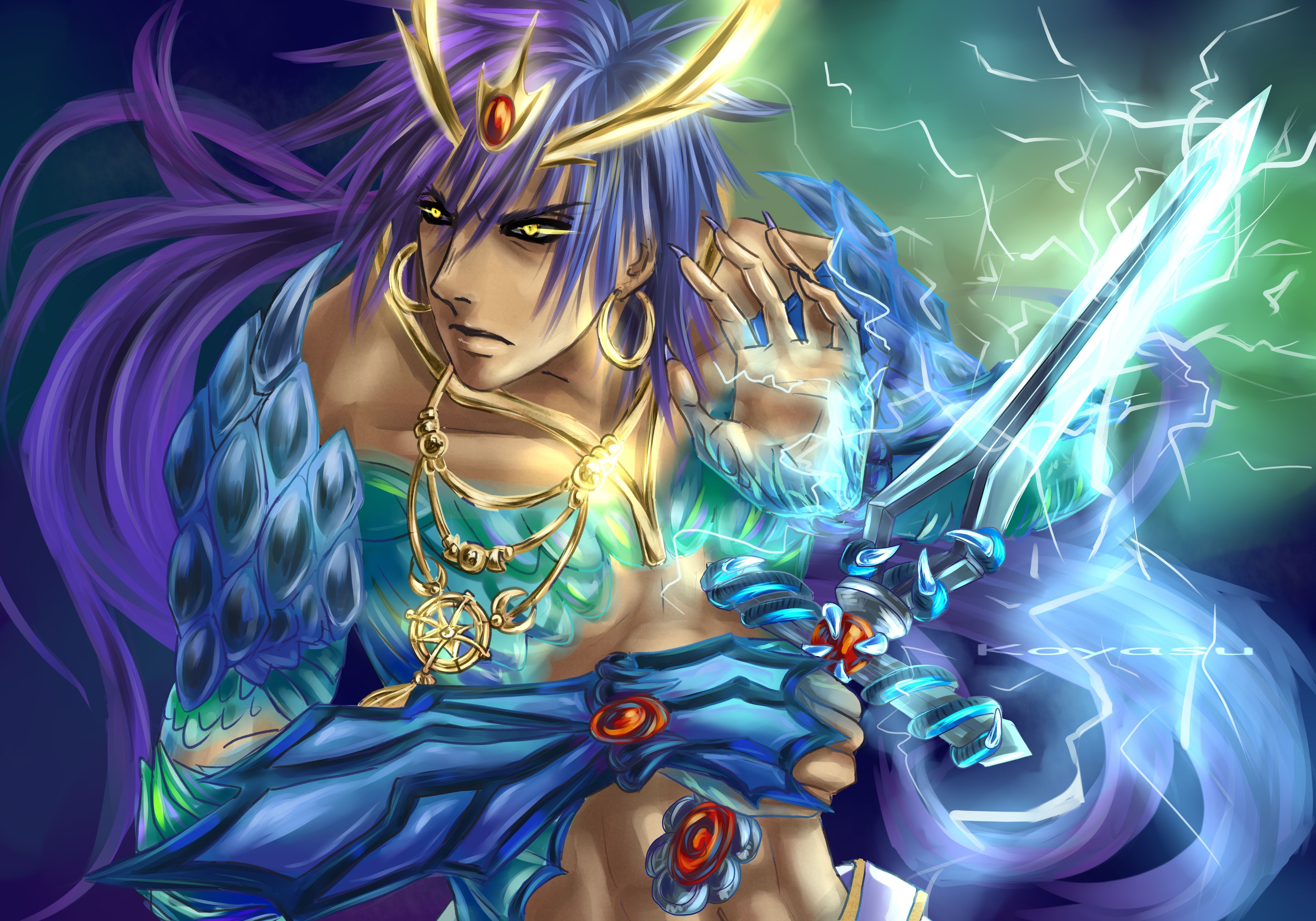 Man with purple hair and sword HD Wallpaper