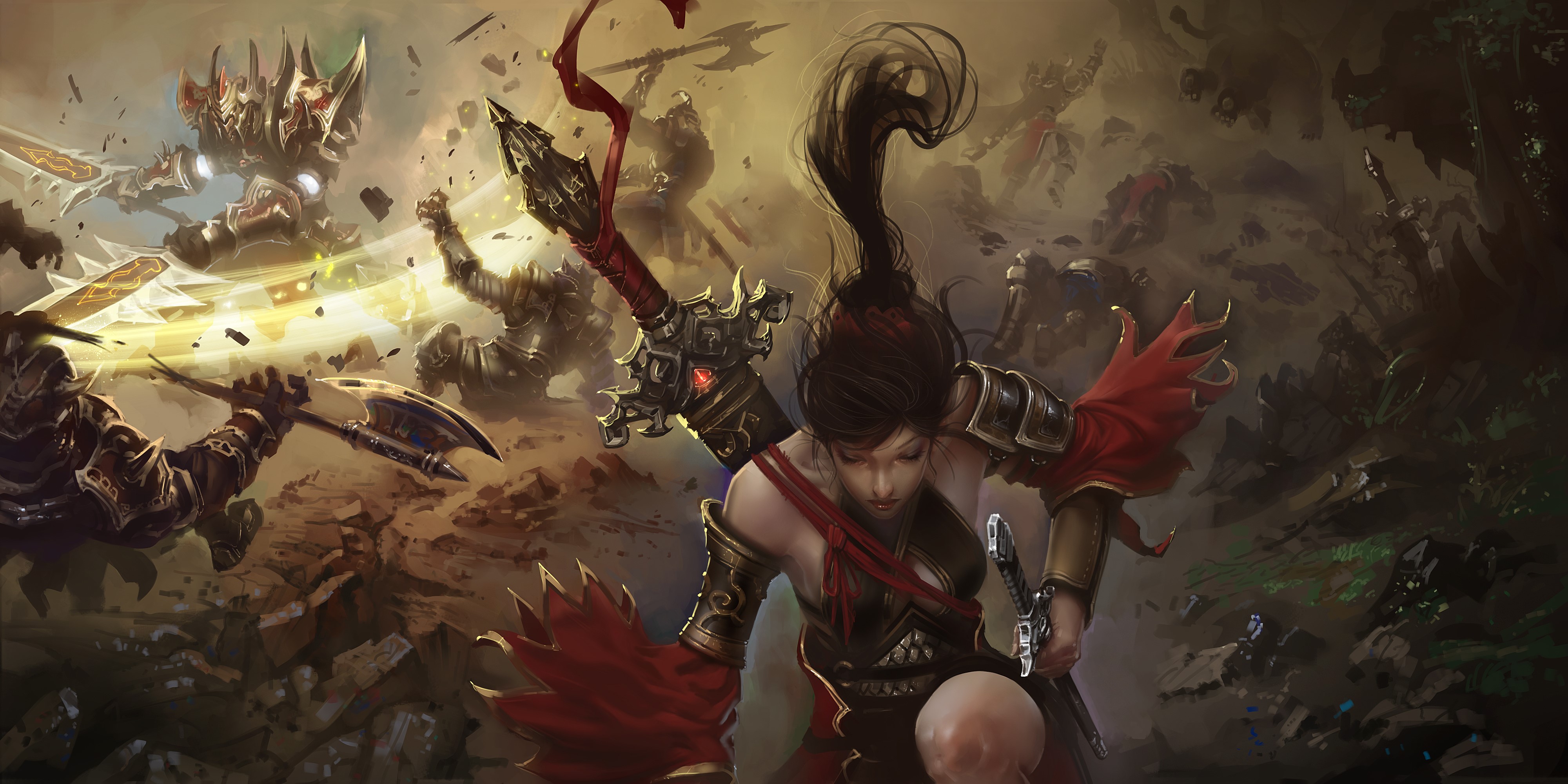 Warriors in battle with swords and armor HD Wallpaper