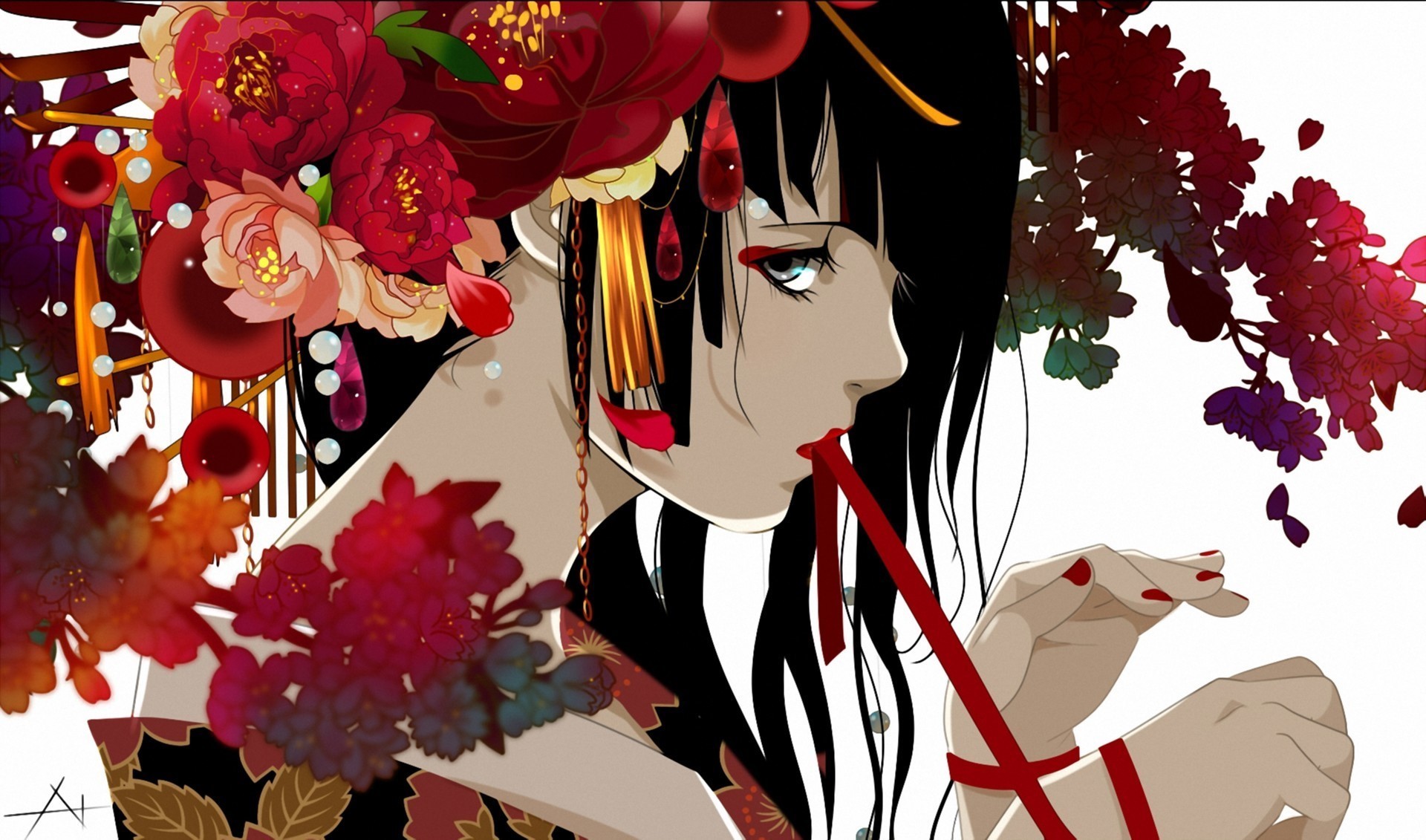 Painting of a woman with flowers in her hair HD Wallpaper