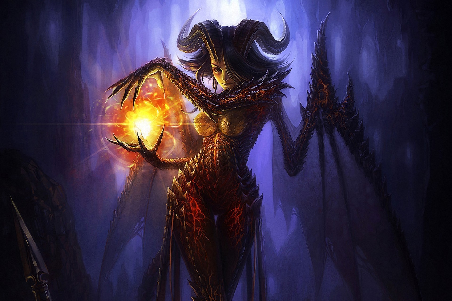 Demoness with horns holding a magic orb HD Wallpaper