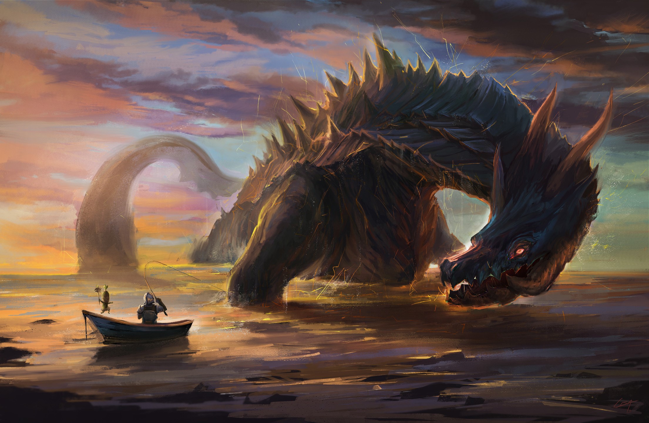 Fisherman in a boat facing a giant sea monster HD Wallpaper