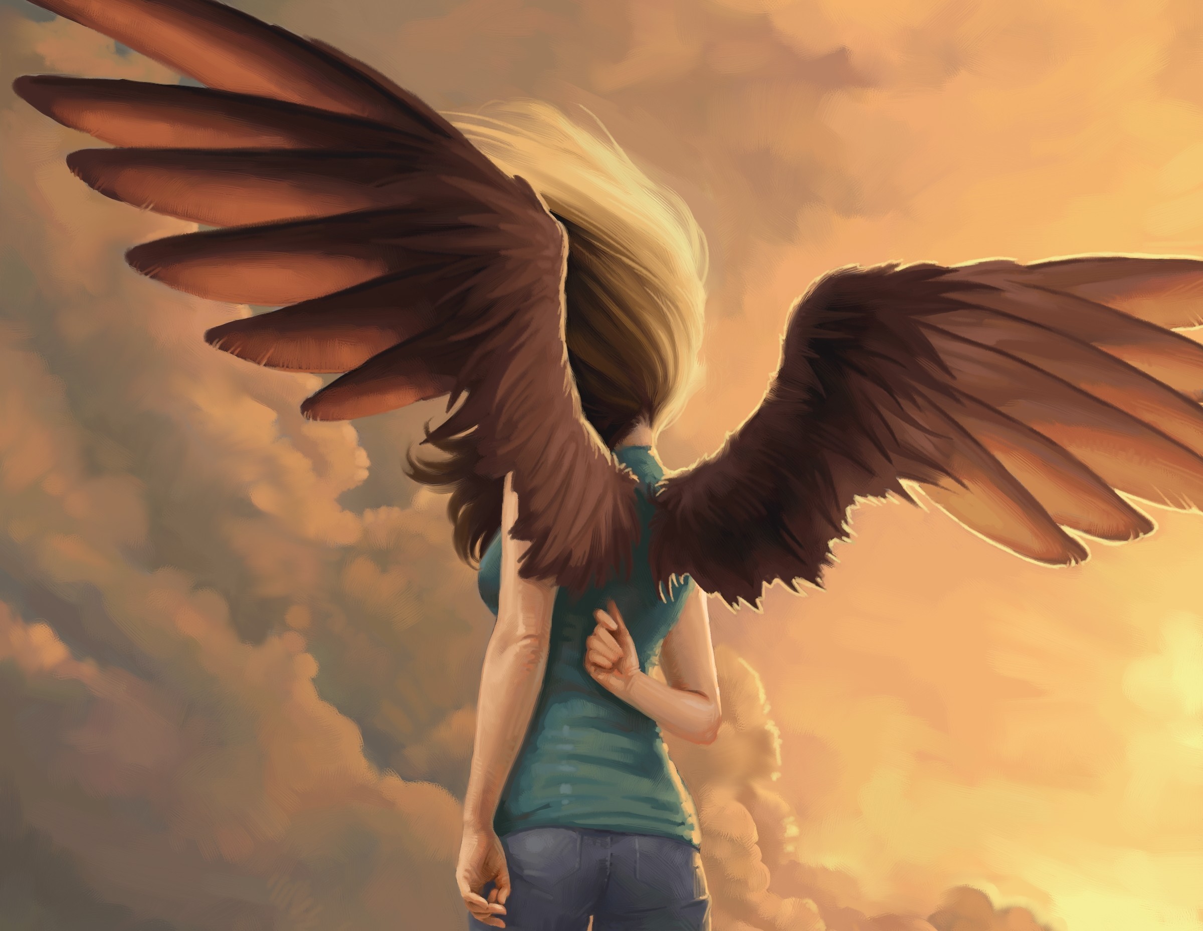 Woman with large brown wings in the sky HD Wallpaper