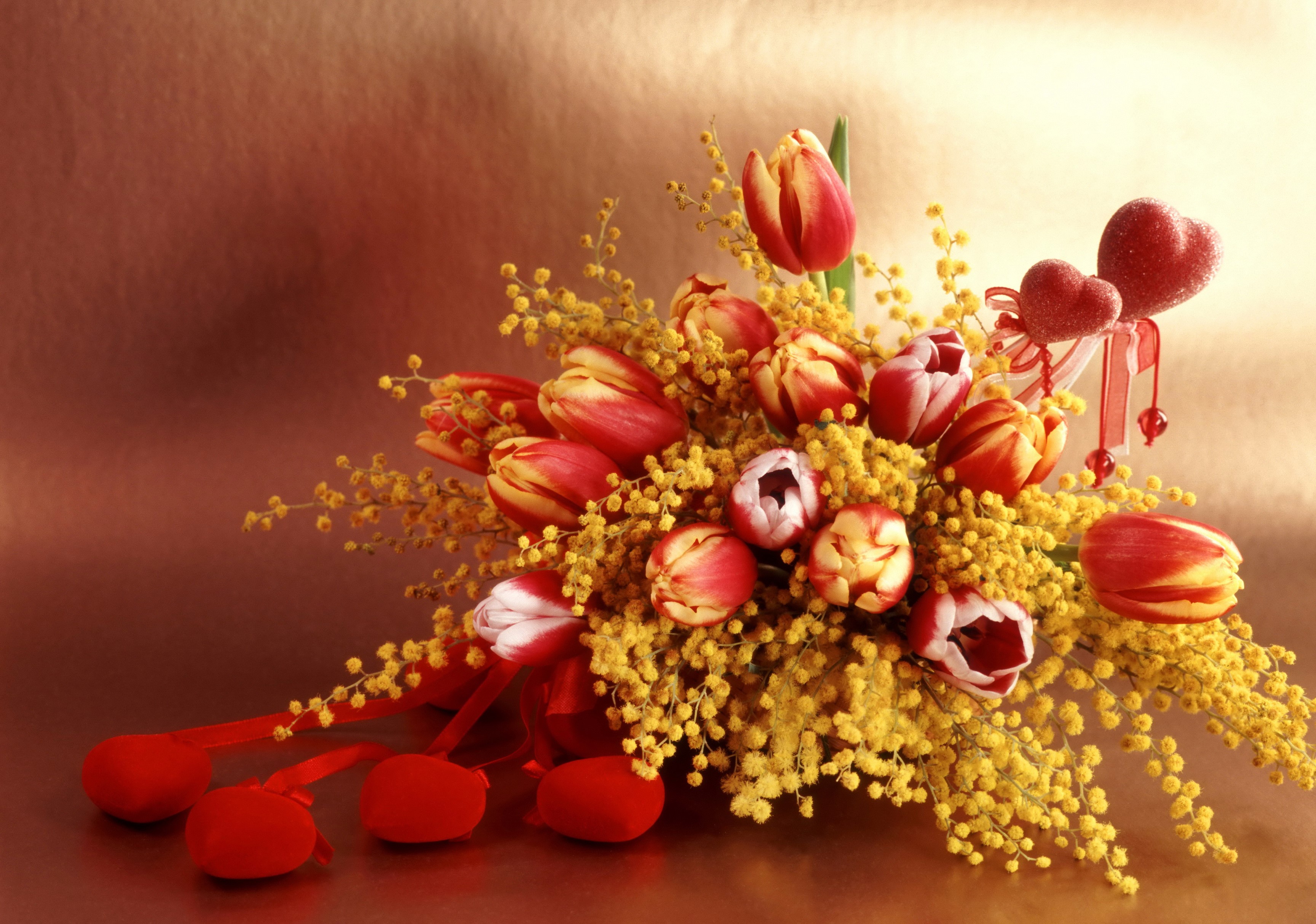 Bouquet of red and yellow tulips with mimosa and hearts HD Wallpaper
