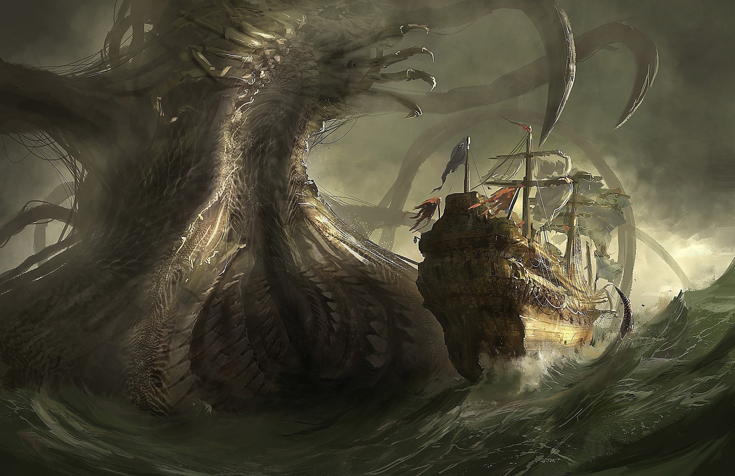 Giant monster attacking a sailing ship in stormy seas HD Wallpaper