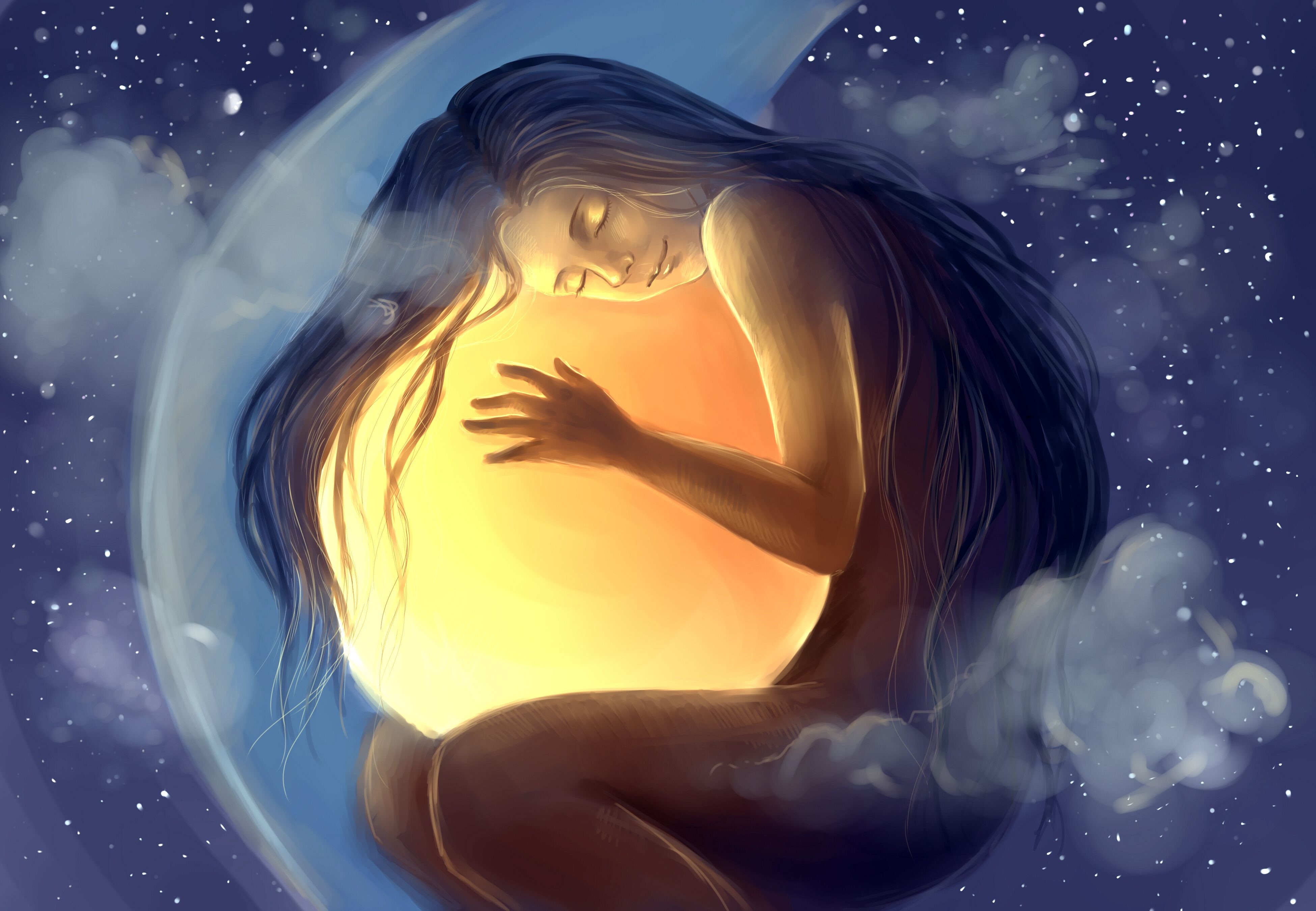 Woman hugging the sun on the moon HD Wallpaper