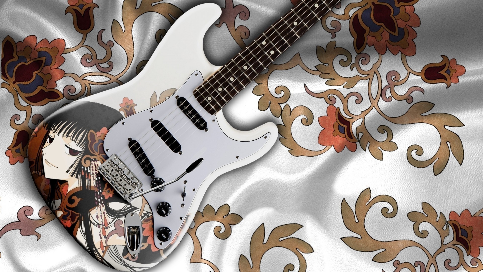 Anime girl on a white electric guitar with floral pattern HD Wallpaper