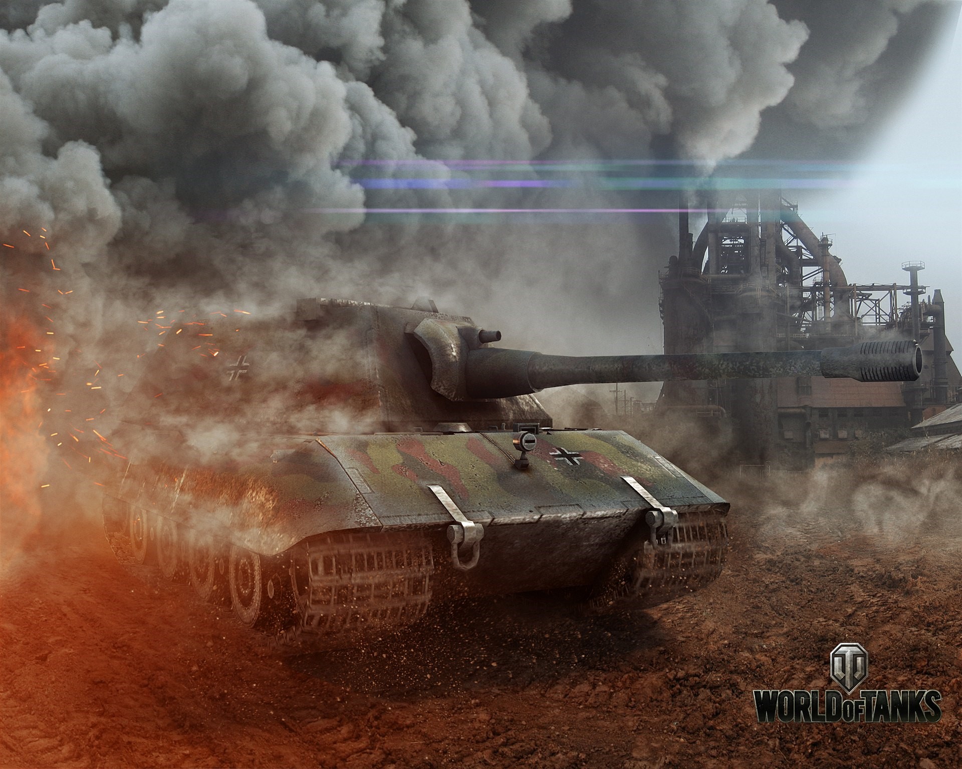 E-100 tank in World of Tanks with smoke and fire HD Wallpaper