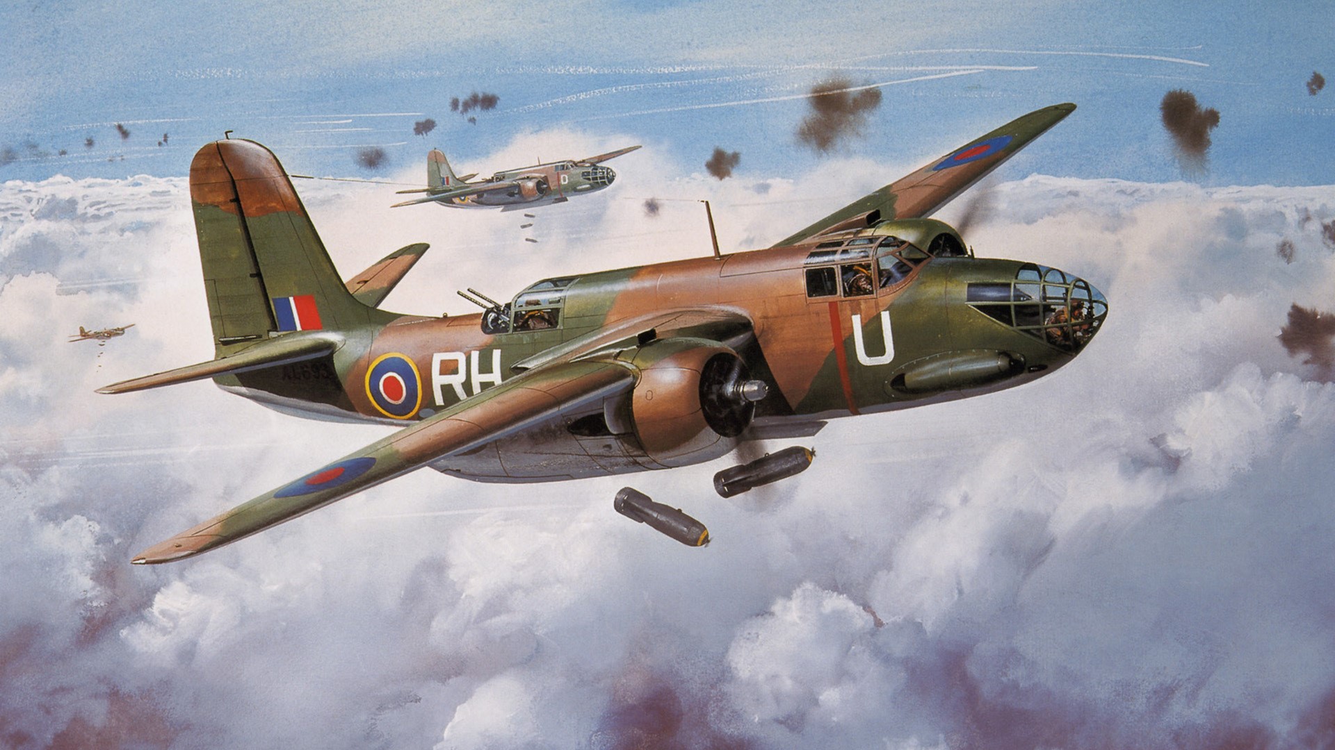 Bomber Aircraft Dropping Bombs Over Clouds HD Wallpaper
