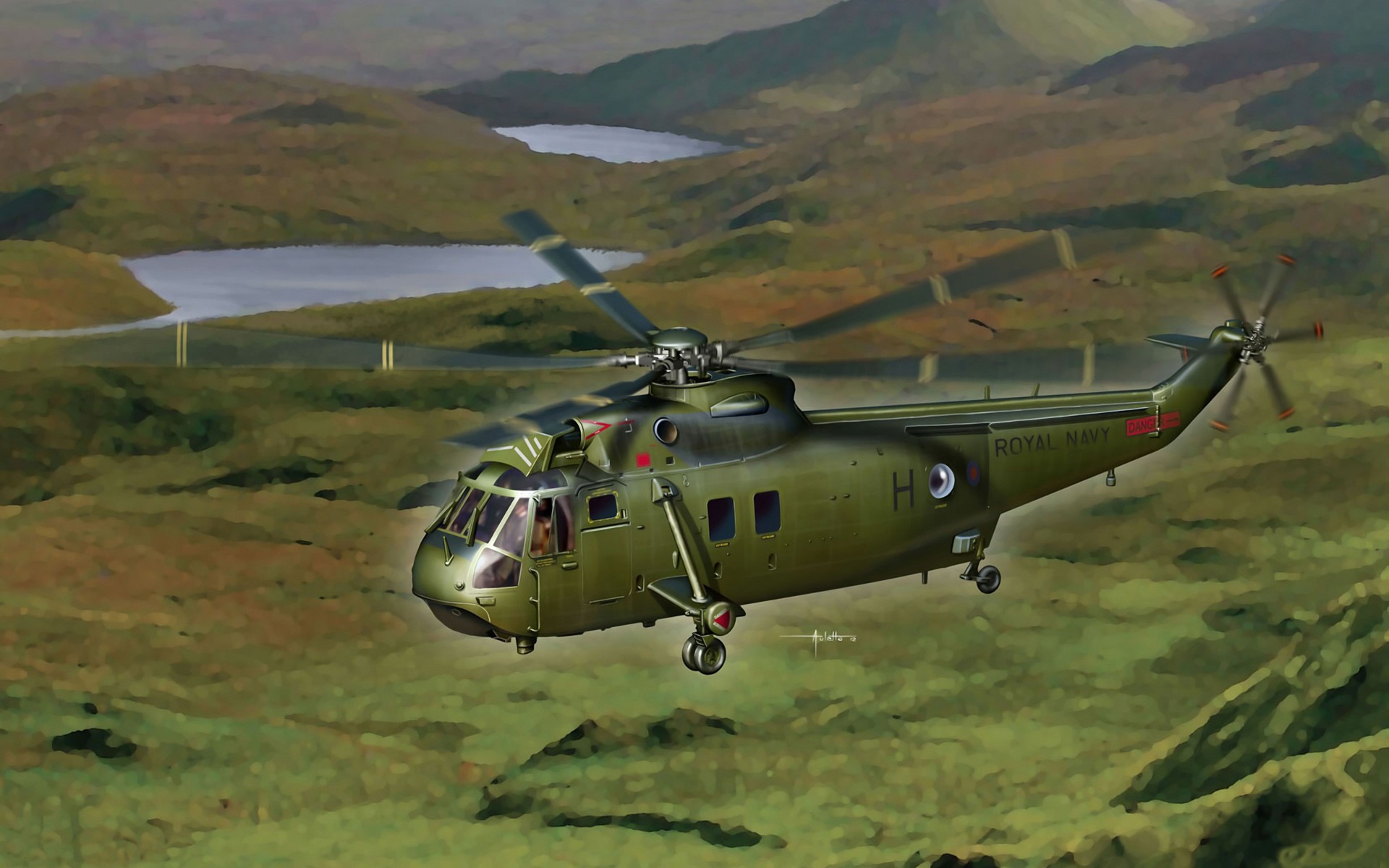 WS-61 Sea King Commando helicopter in flight over landscape HD Wallpaper