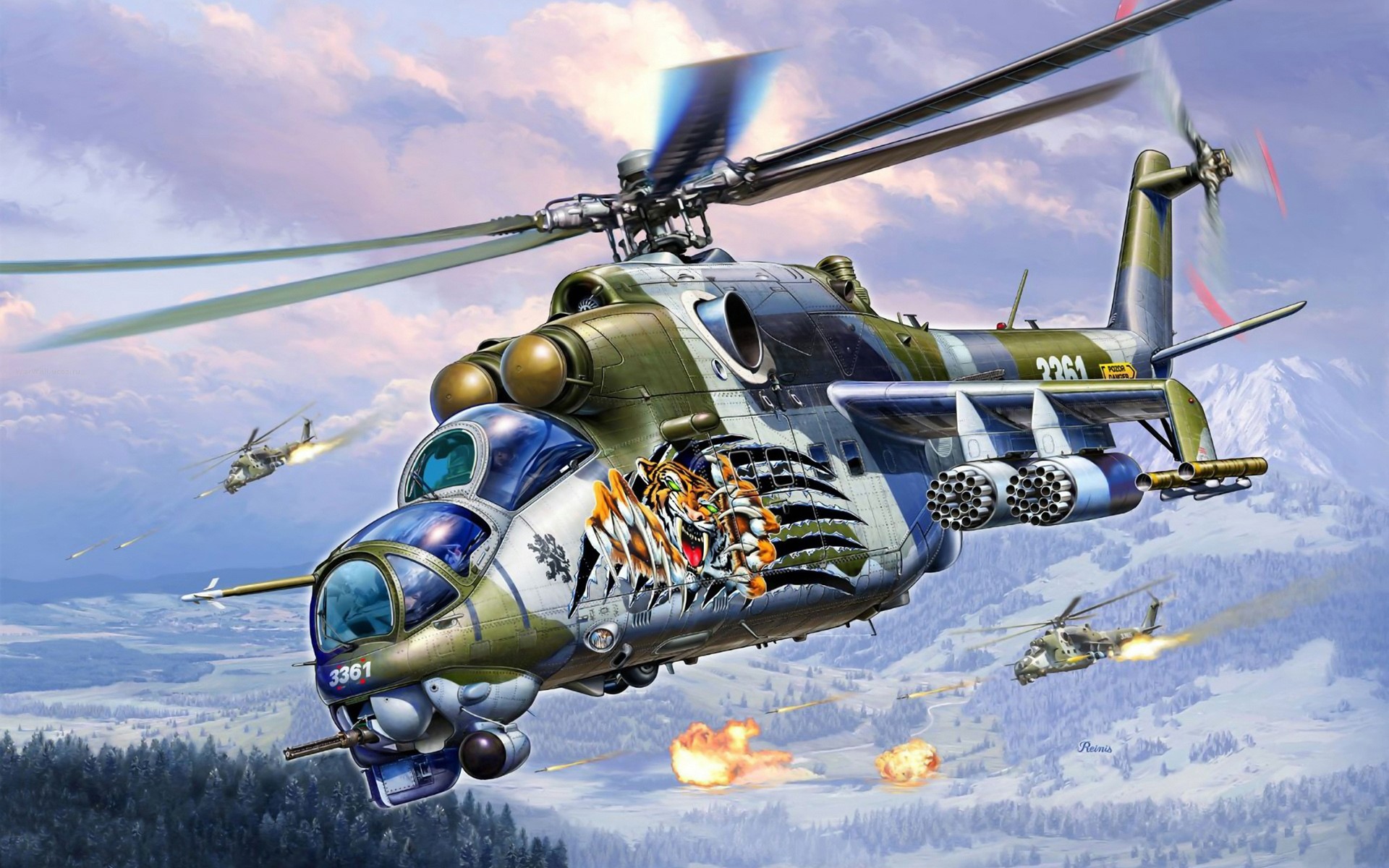 Attack Helicopters in Flight with Tiger Art HD Wallpaper