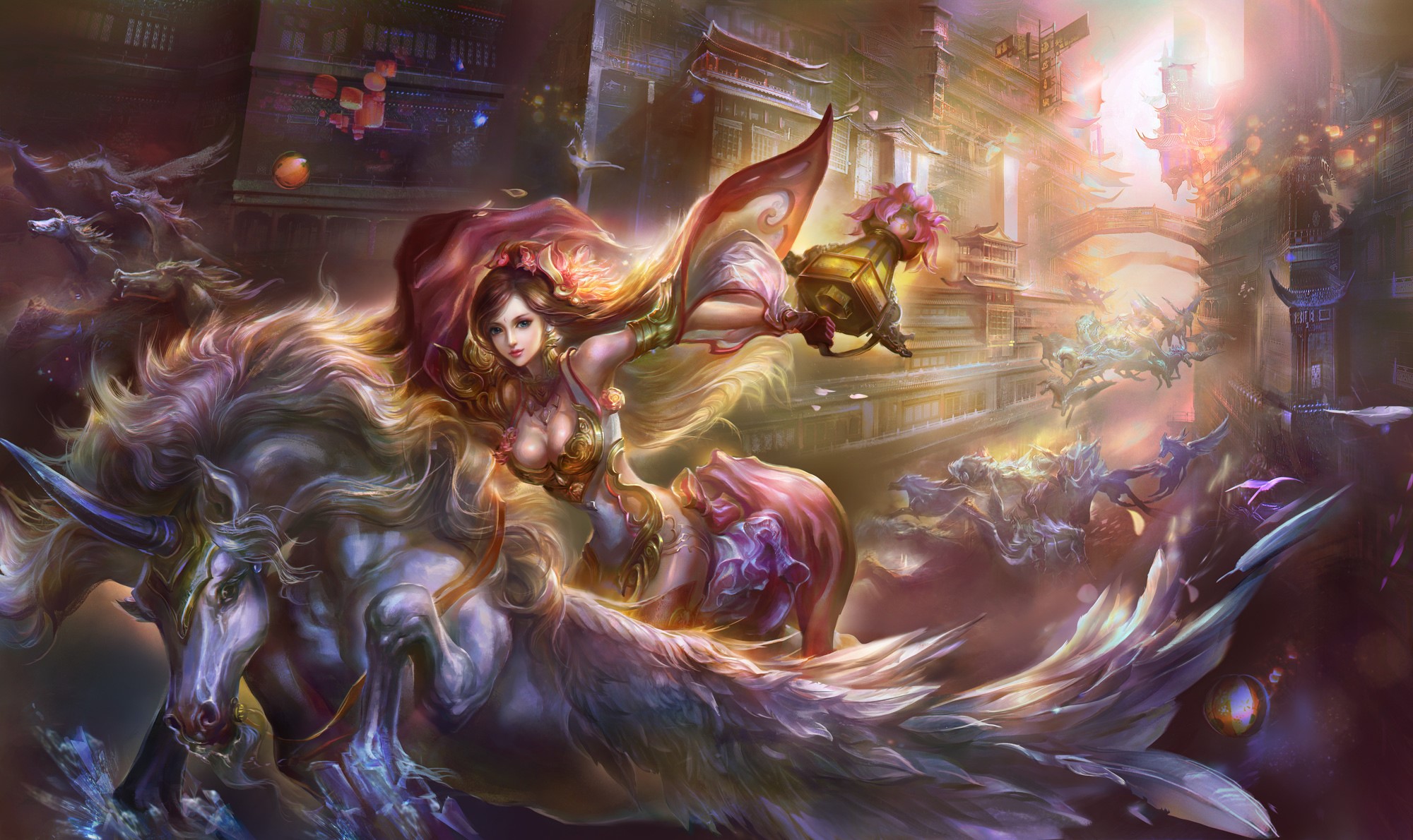 Woman riding a unicorn through a fantasy city HD Wallpaper