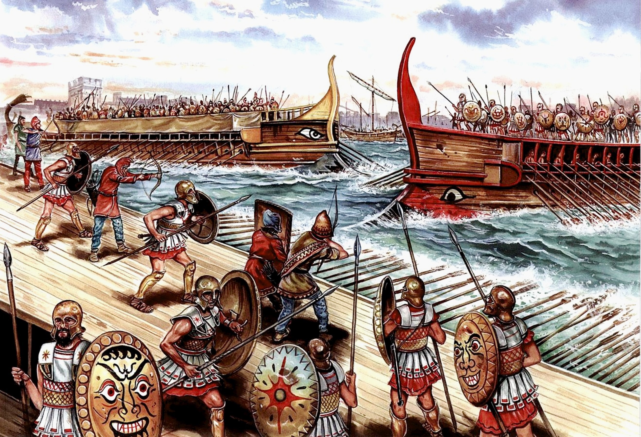 Ancient naval battle with warriors on ships HD Wallpaper