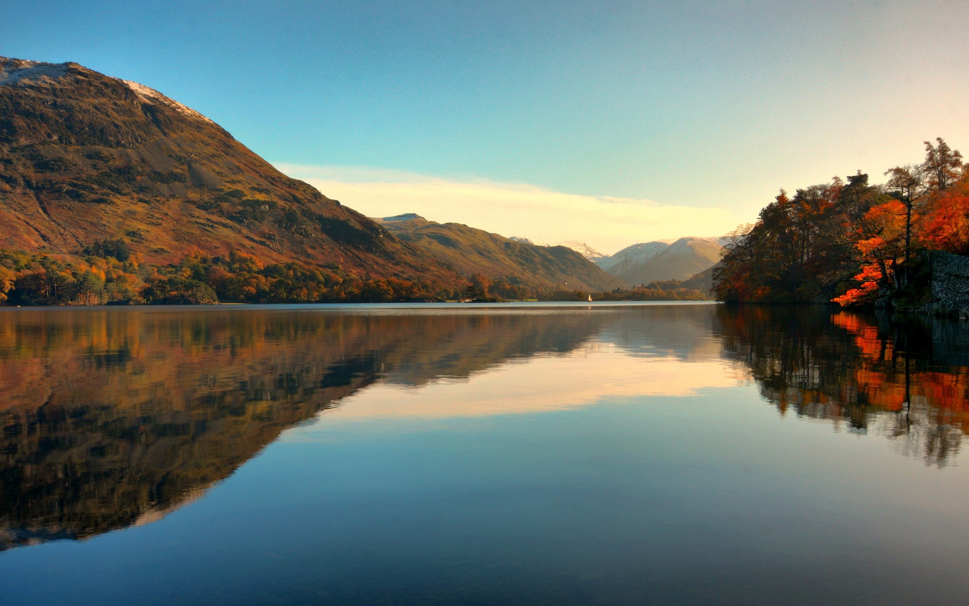 Lake reflection of mountains and autumn trees HD Wallpaper