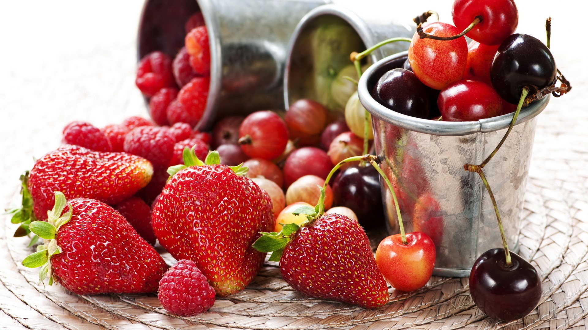 Strawberries, Cherries, and Gooseberries in Buckets HD Wallpaper