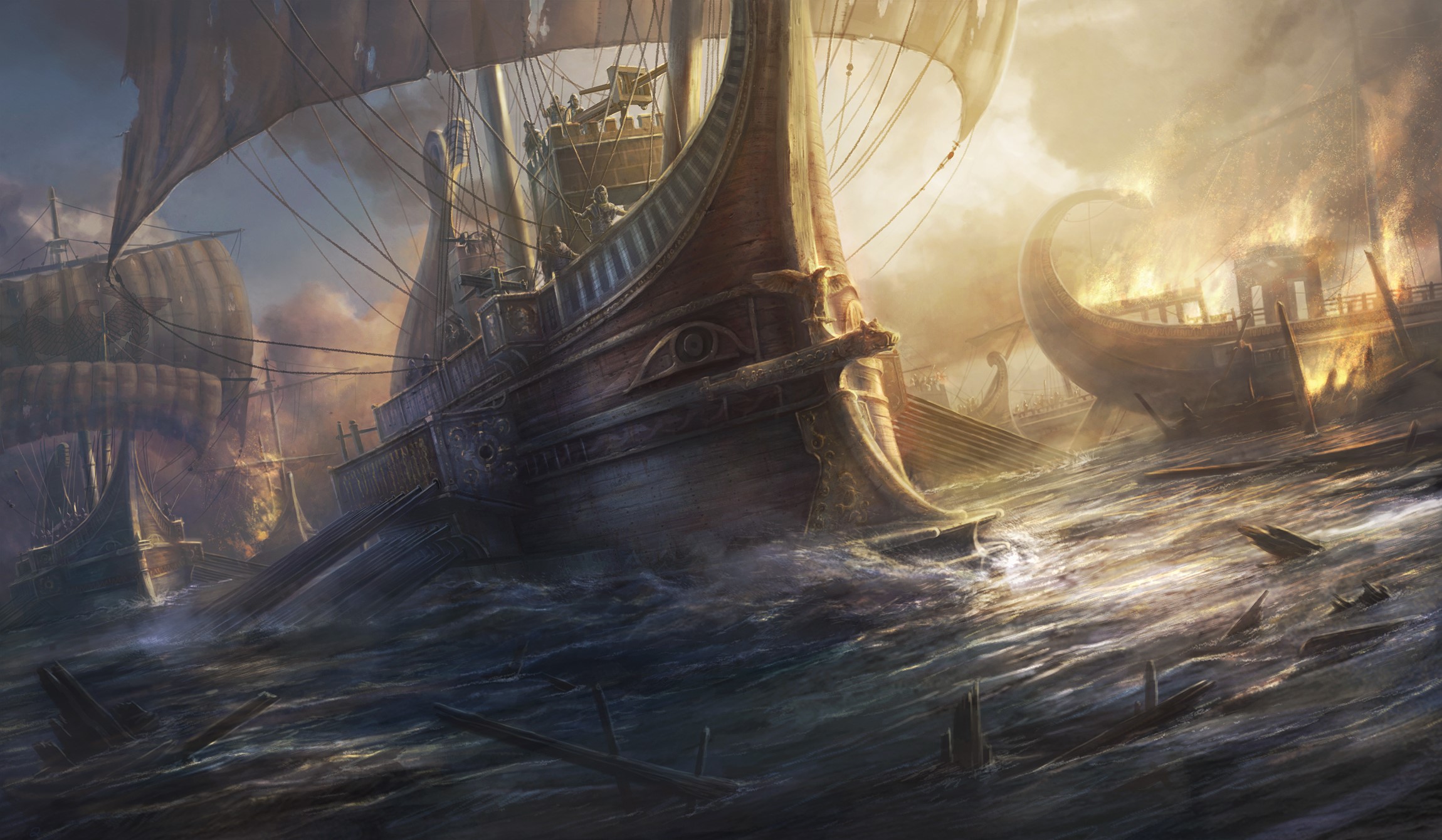 Ancient ships in a naval battle HD Wallpaper