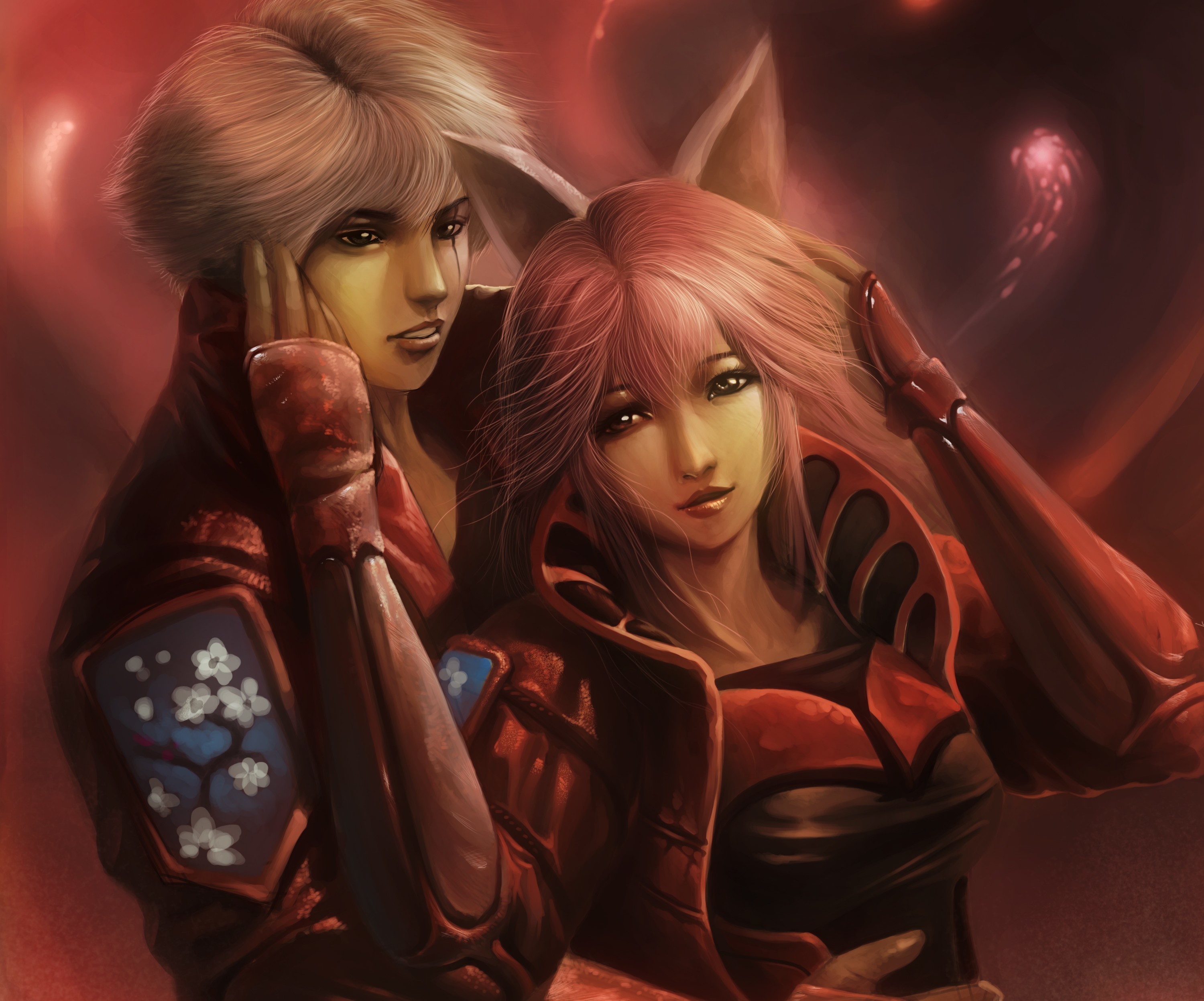 Couple in futuristic armor with pink and blonde hair HD Wallpaper
