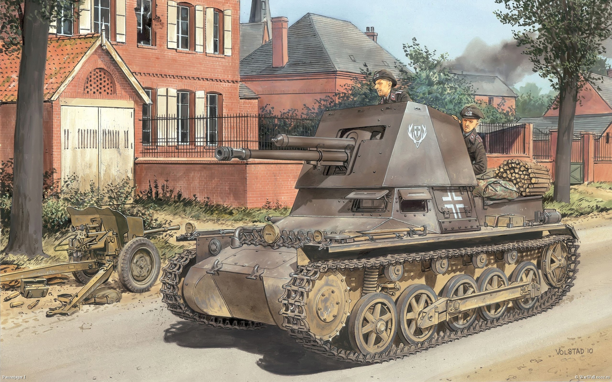 German Tank and Artillery in a Village HD Wallpaper
