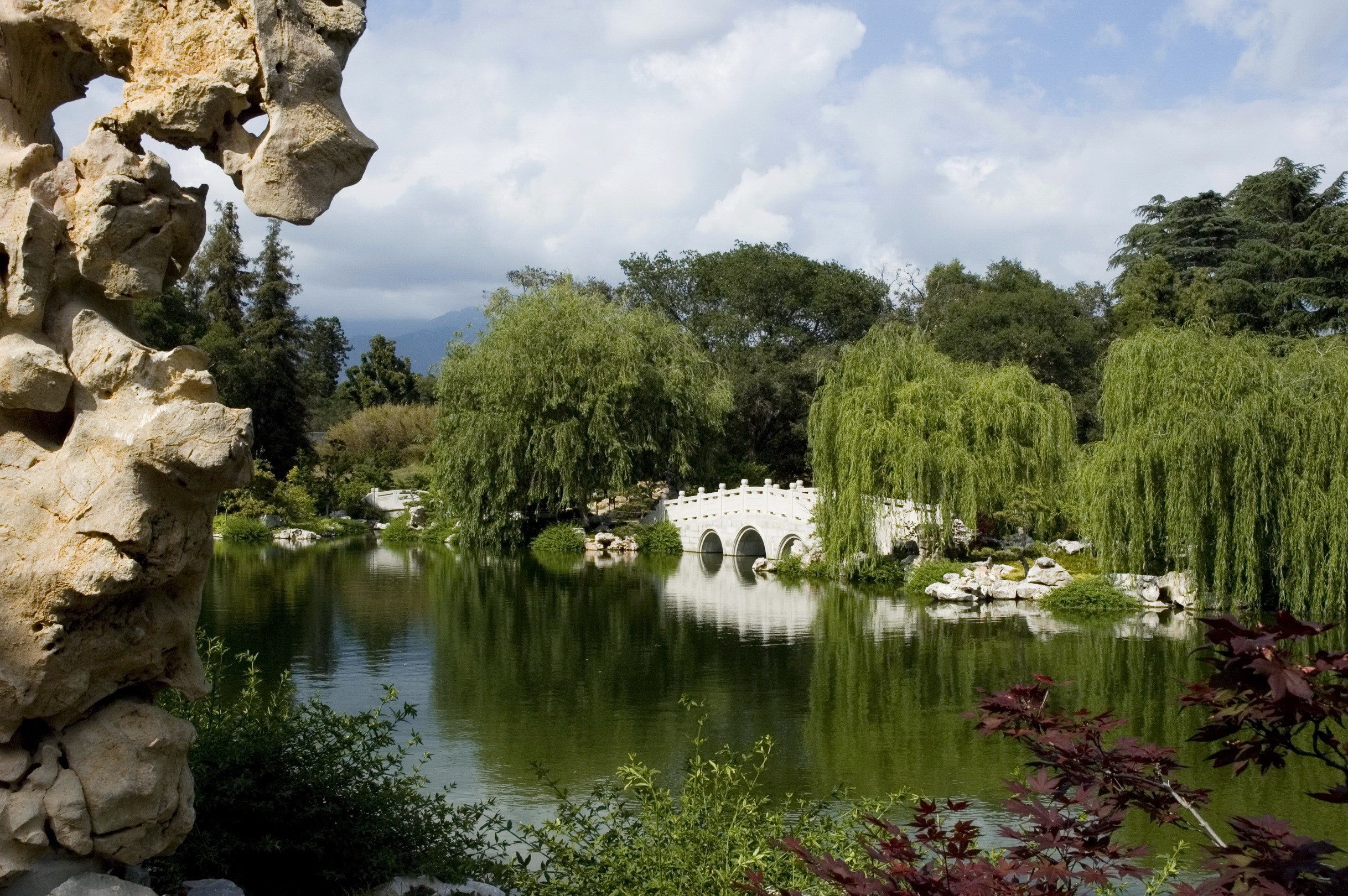 Chinese Garden with White Bridge and Pond in San Marino, California HD Wallpaper