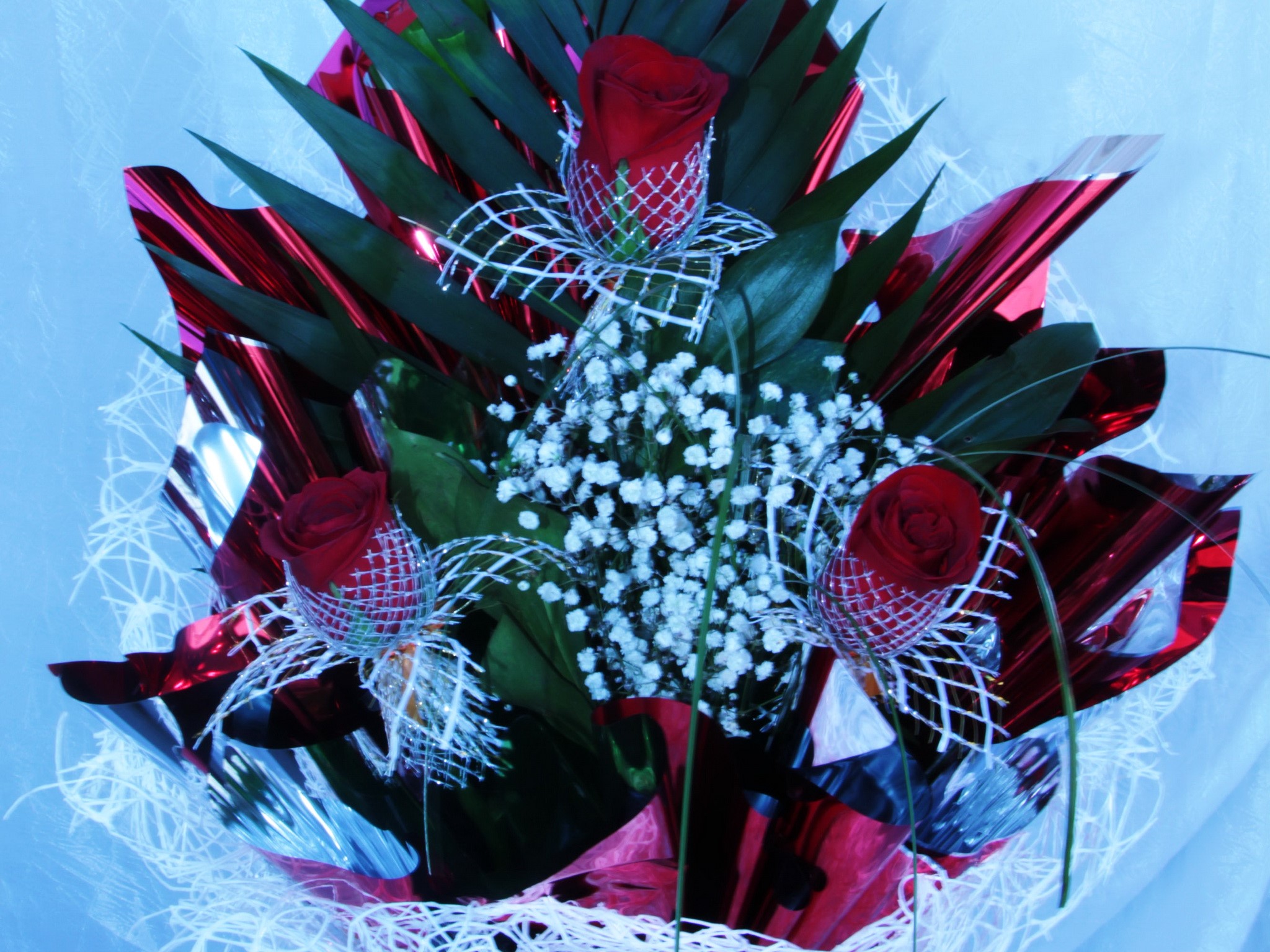 Bouquet of red roses with decorative wrapping HD Wallpaper