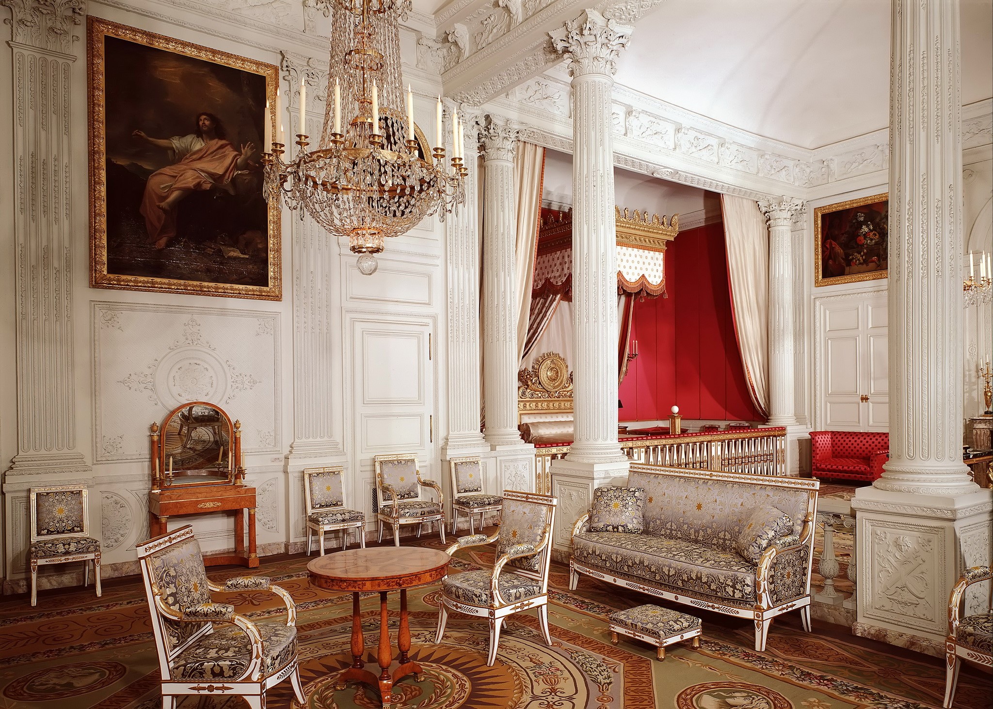 Ornate room with a bed, sofa, chairs, and chandelier HD Wallpaper