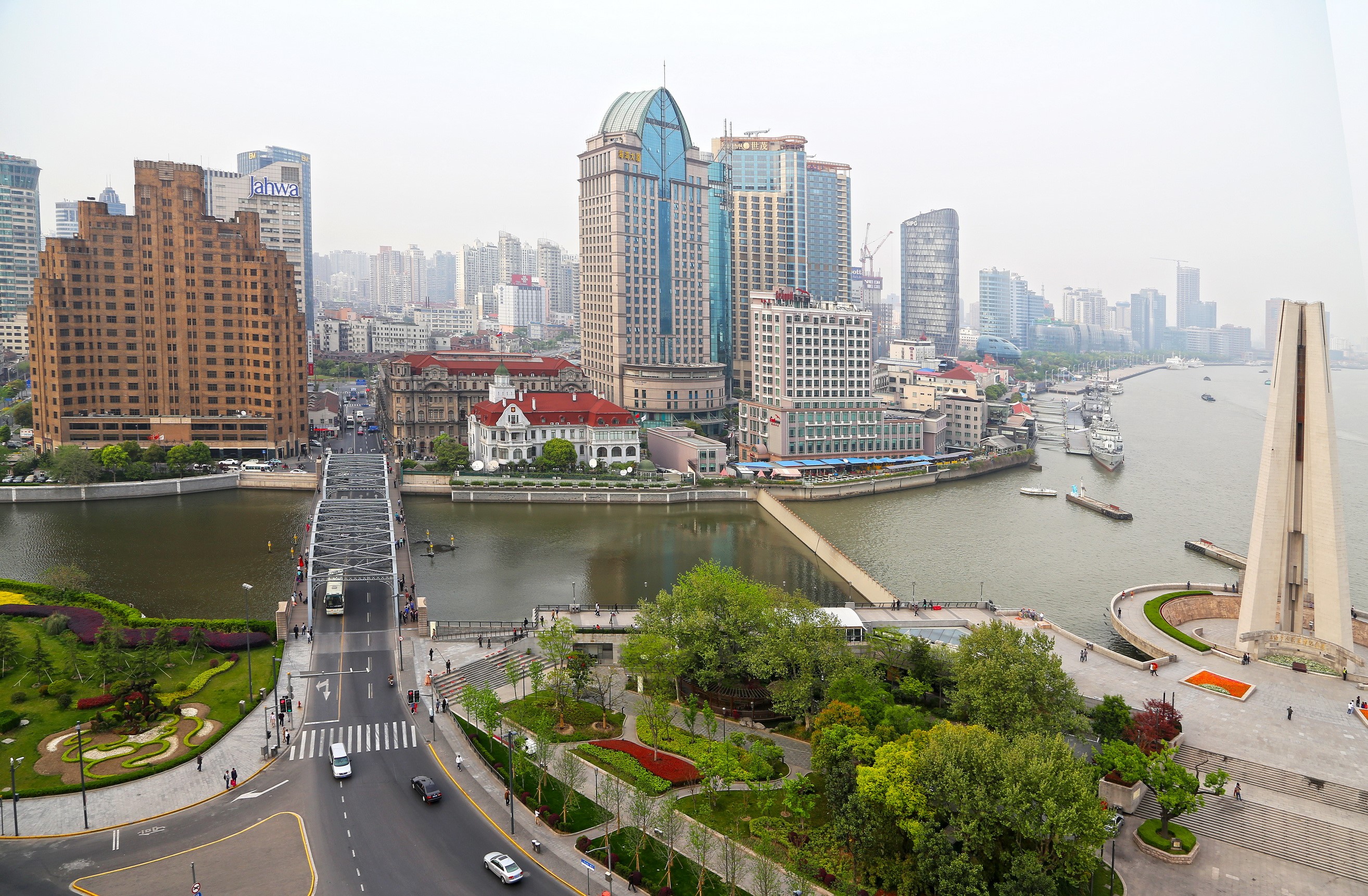 Shanghai Bund waterfront with bridges and skyscrapers HD Wallpaper