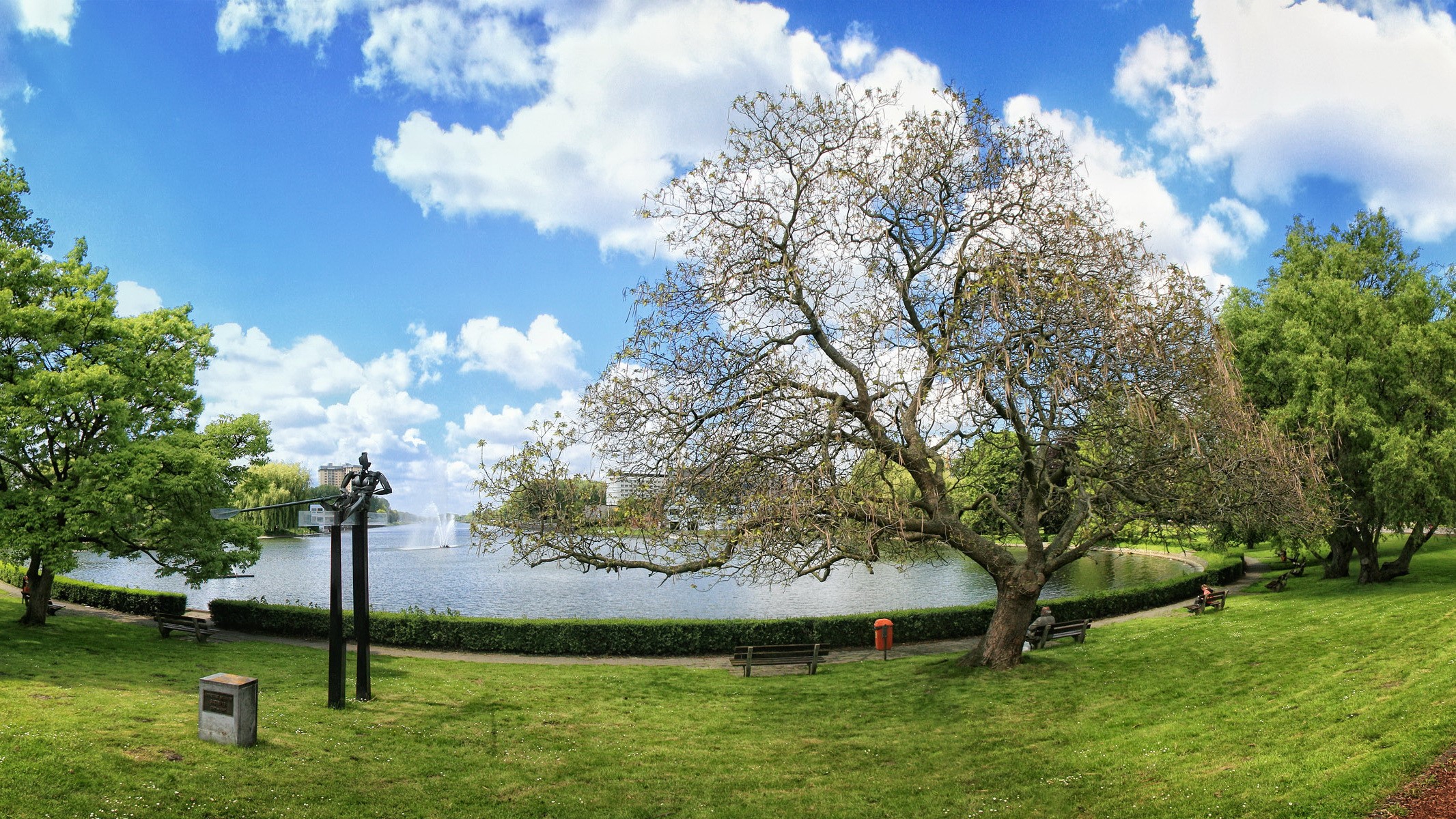 Park with lake, sculpture, and trees in Ghent, Belgium HD Wallpaper