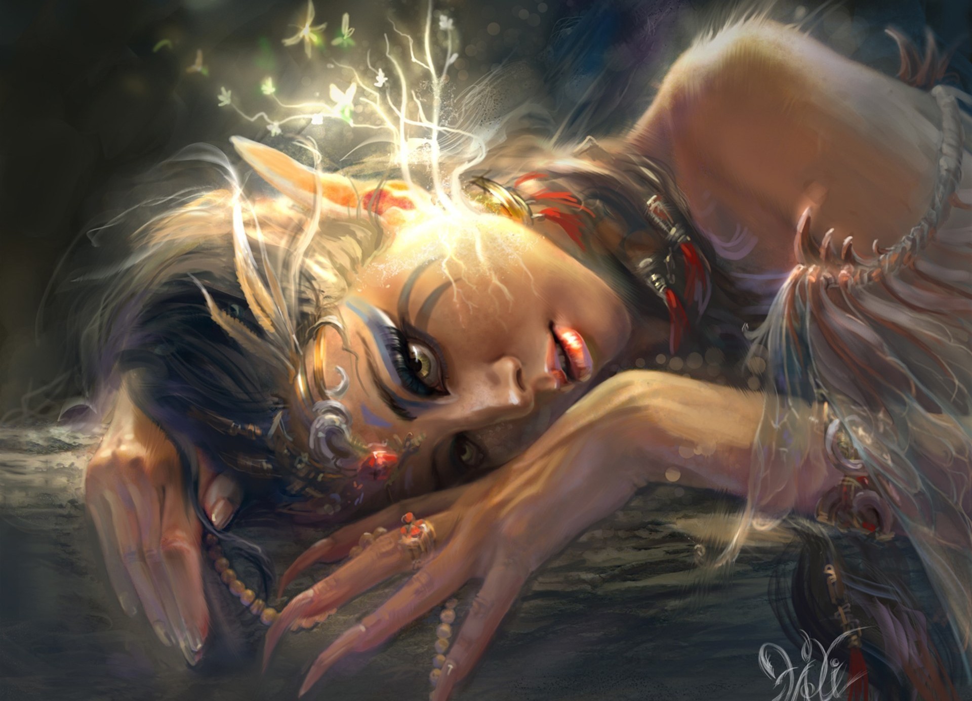 Fallen Elf with Butterflies and Glowing Branches HD Wallpaper