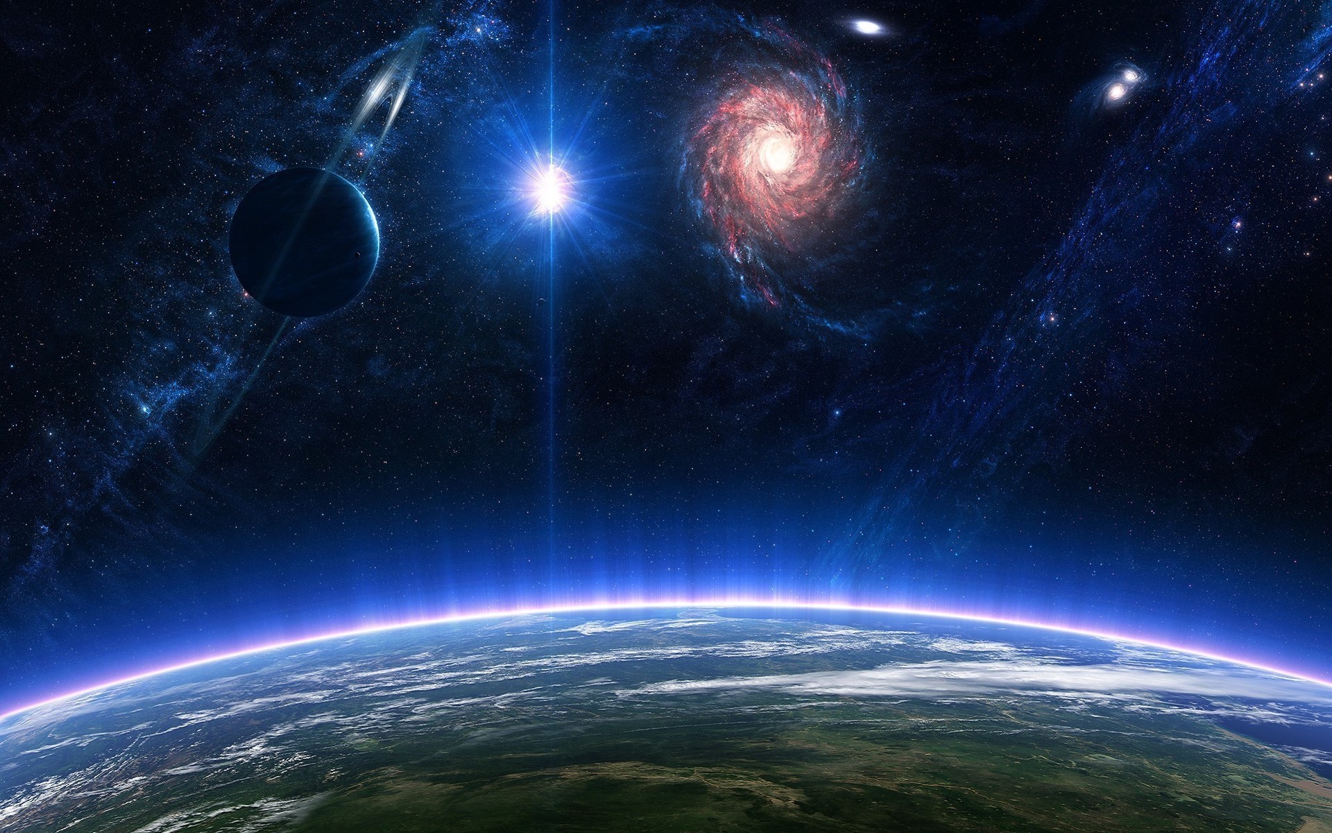 Earth and celestial bodies in space HD Wallpaper