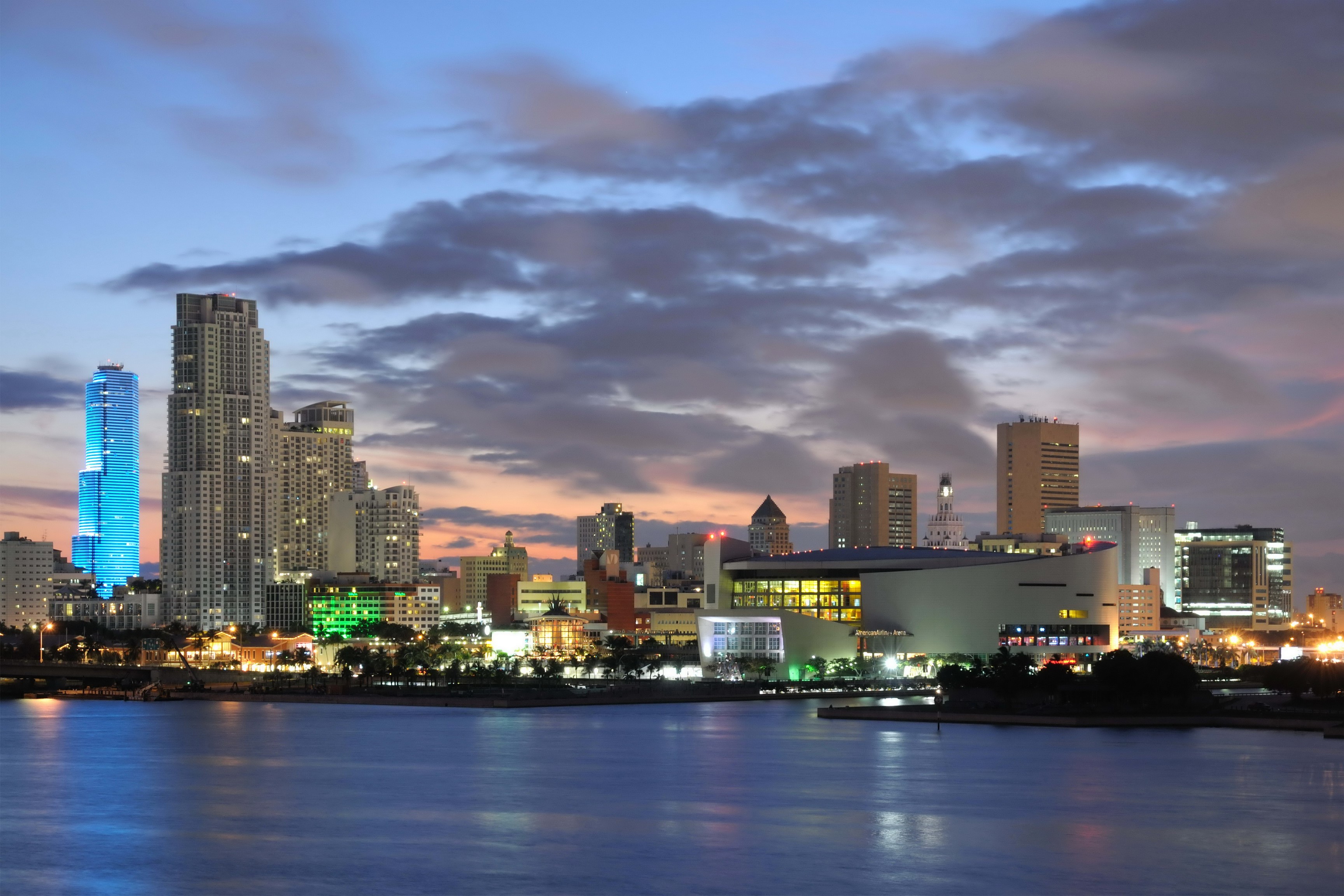 Miami Skyline at Dusk with Water HD Wallpaper