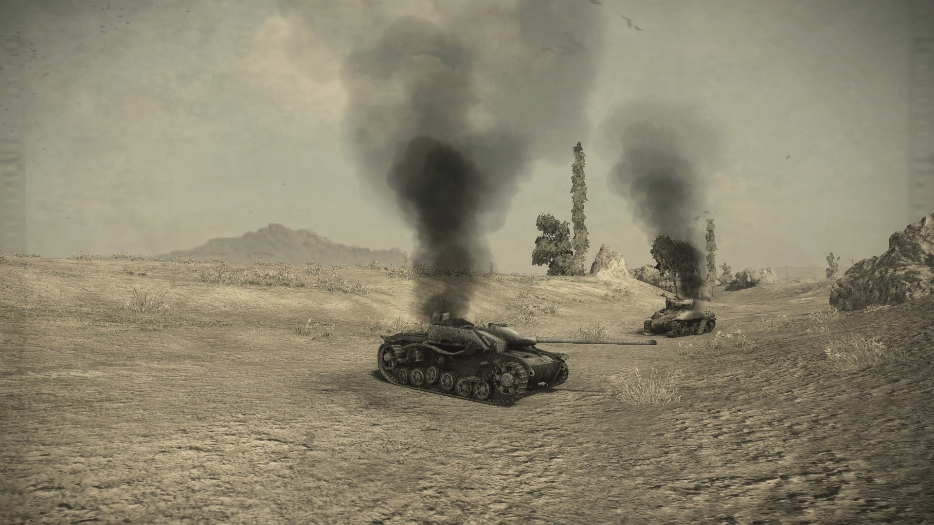 World of Tanks: Two burning tanks in a desert landscape HD Wallpaper