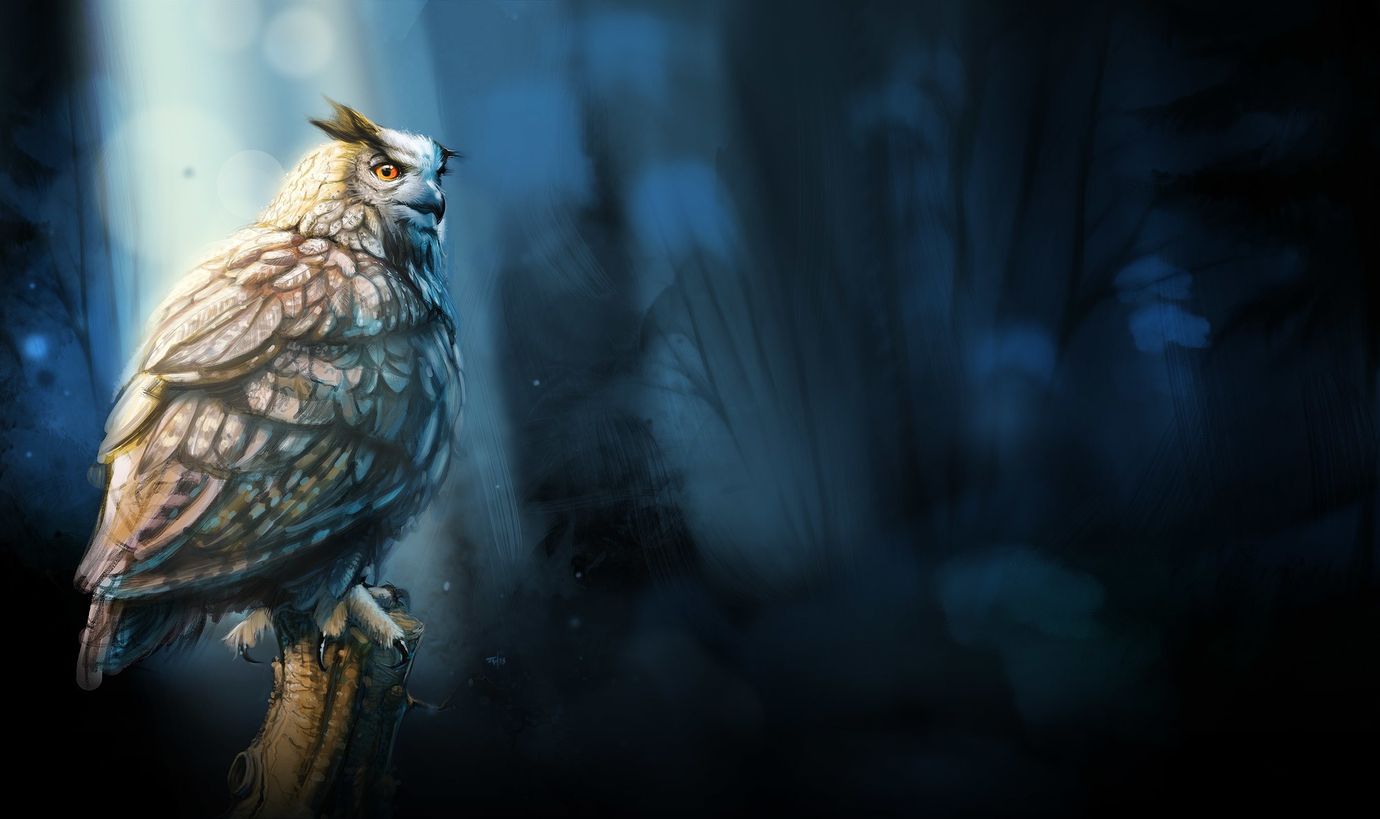 Painting of an owl perched on a branch HD Wallpaper