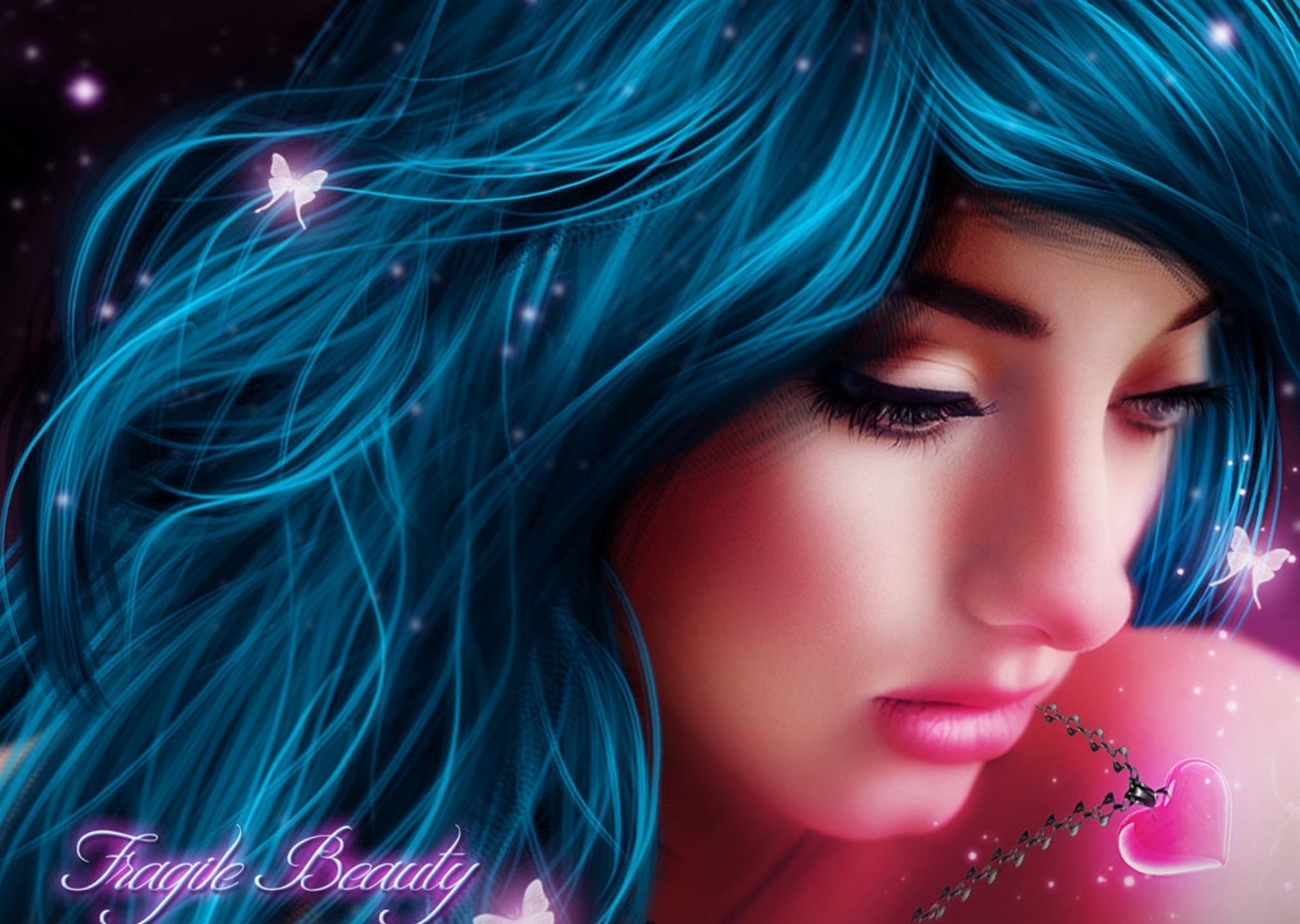 Digital painting of a woman with blue hair and butterflies HD Wallpaper