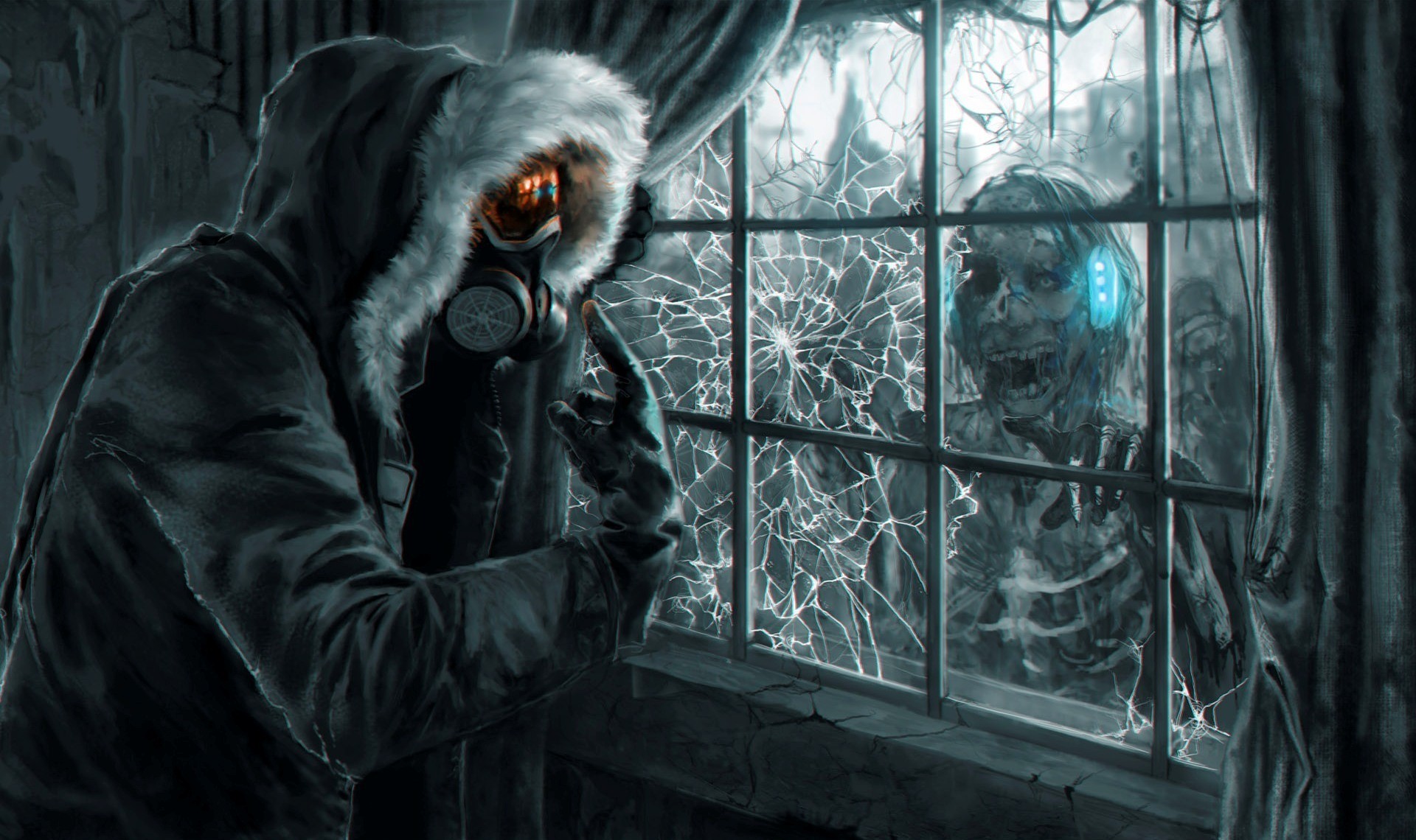 Zombie looking through a broken window at a person in a gas mask HD Wallpaper