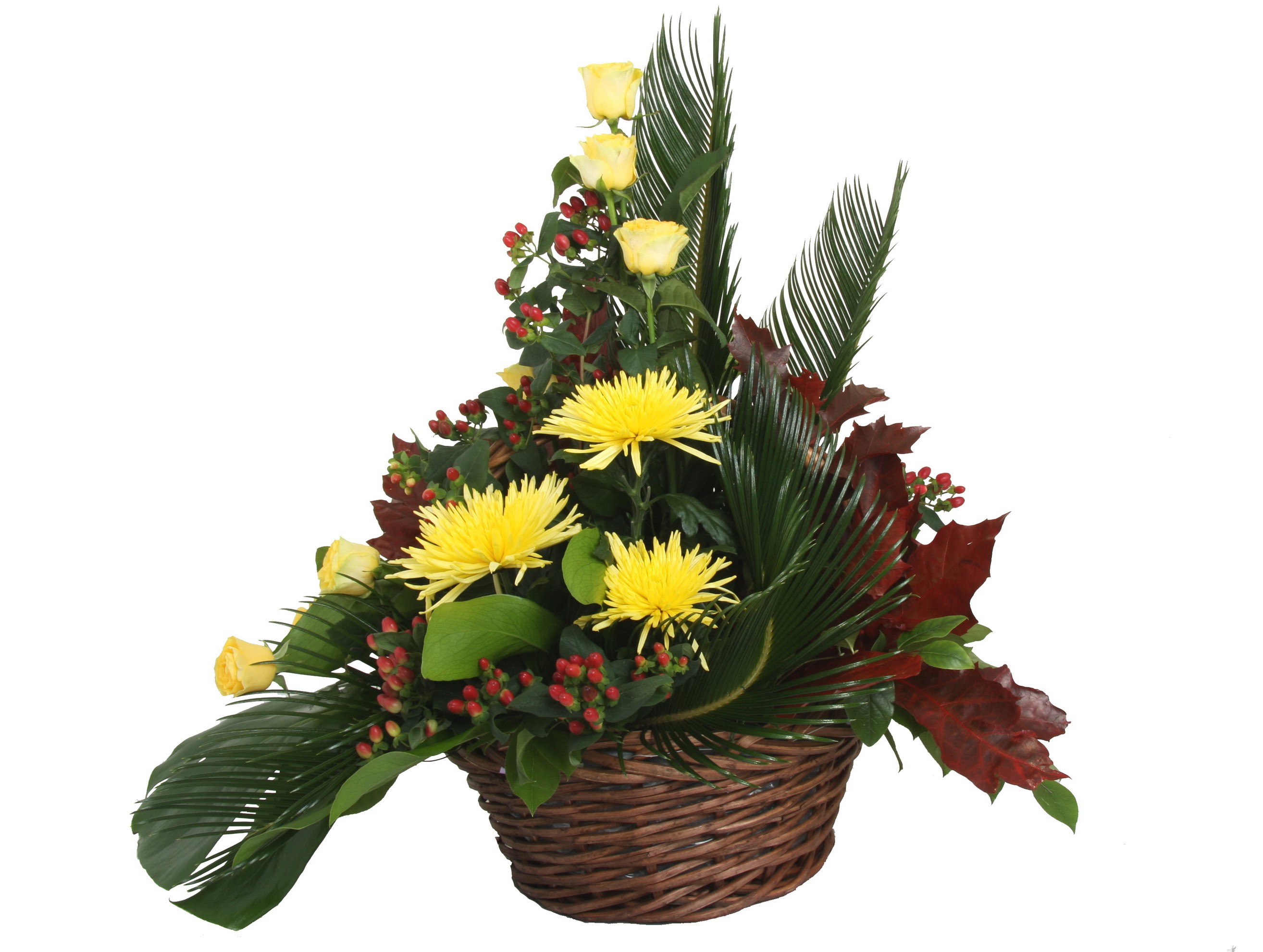 Yellow roses and chrysanthemums in a wicker basket HD Wallpaper