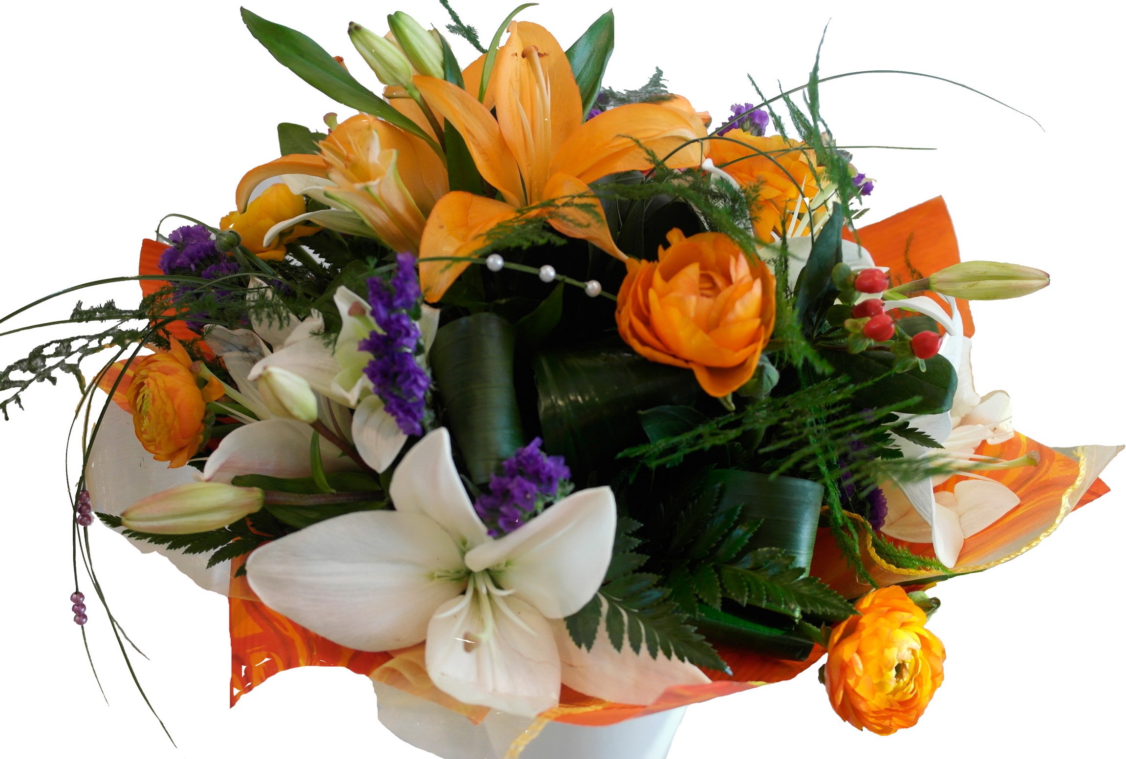 Orange and white lilies bouquet with ranunculus HD Wallpaper