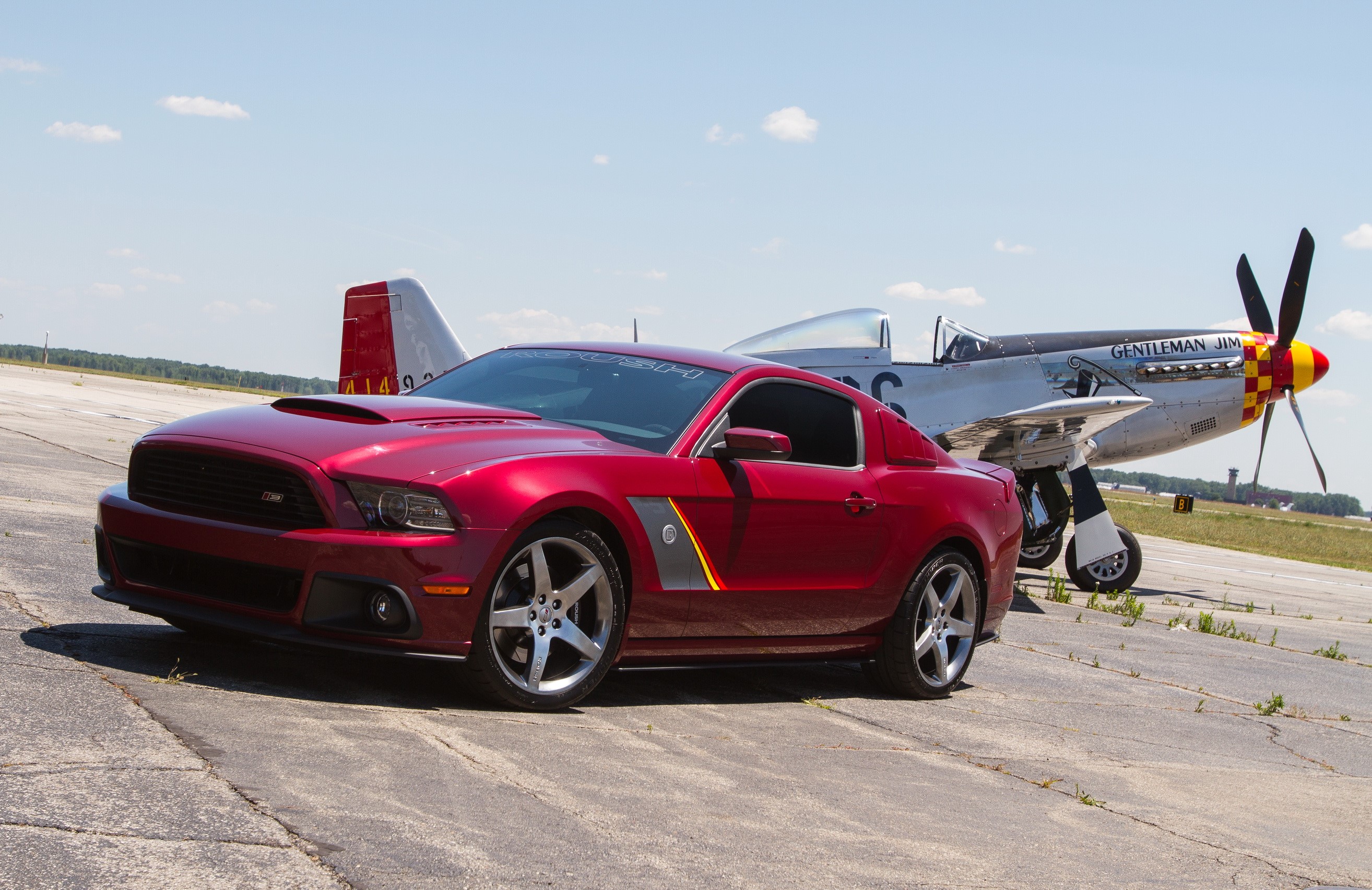Red 2013 Ford Mustang SR P51 and P-51 Mustang airplane HD Wallpaper