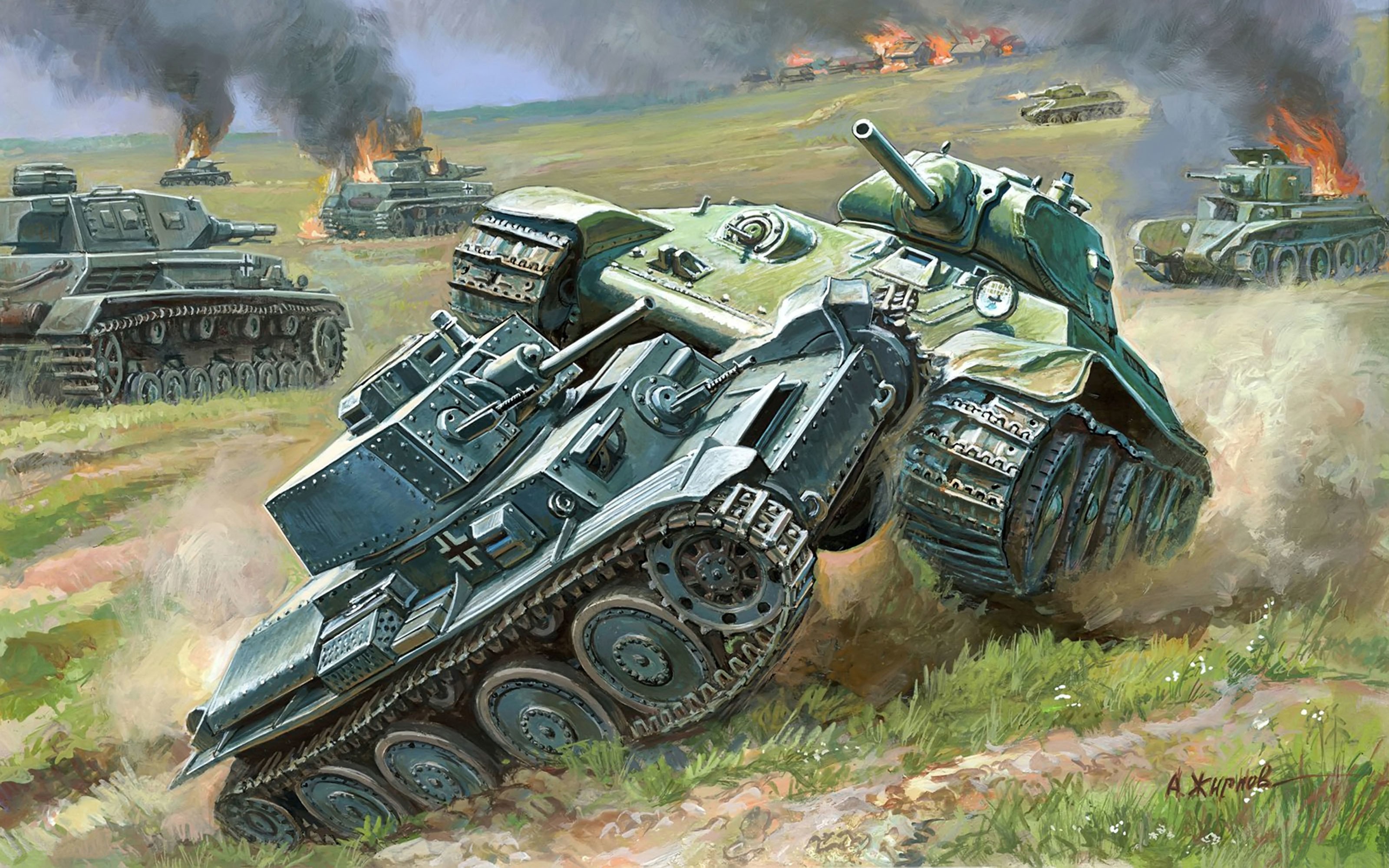 T-34-76 and PZ.Kpfw.38(t) Tanks in Battle Painting HD Wallpaper