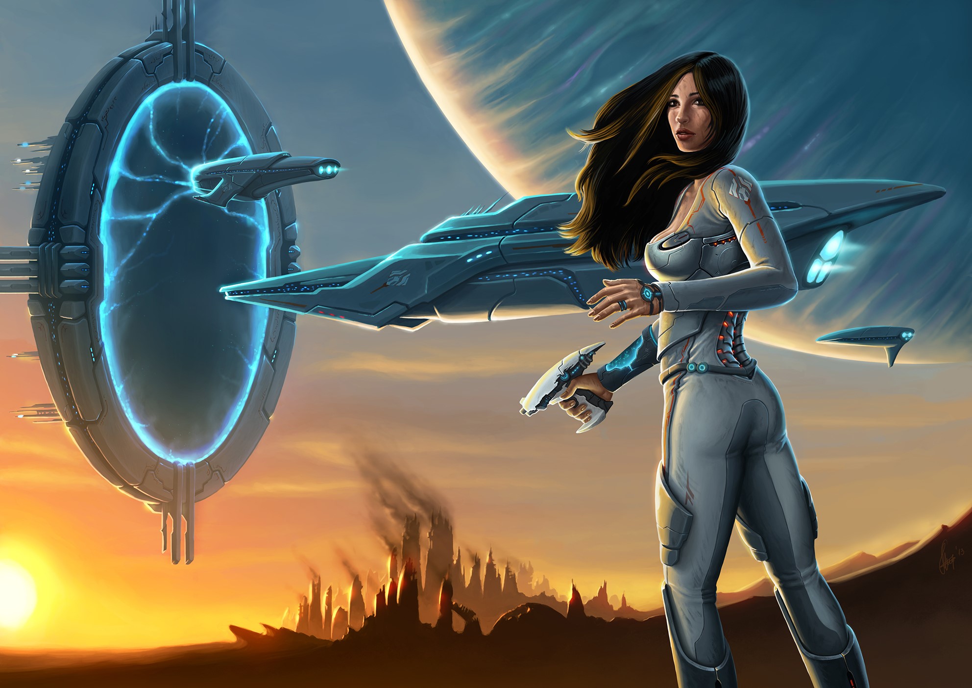 Woman with gun near portal and spaceship HD Wallpaper