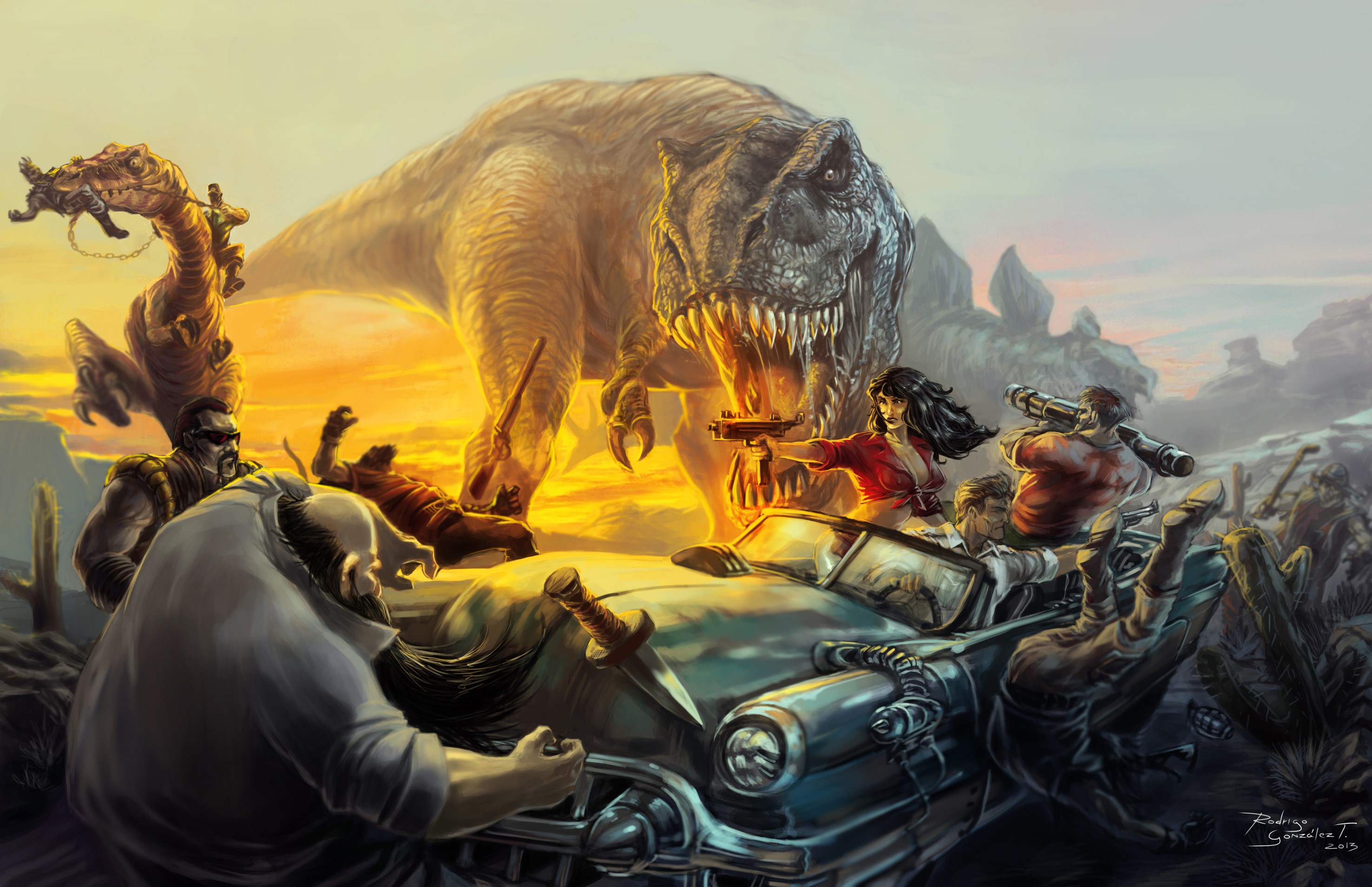 Warriors fighting a Tyrannosaurus Rex and other dinosaurs HD Wallpaper