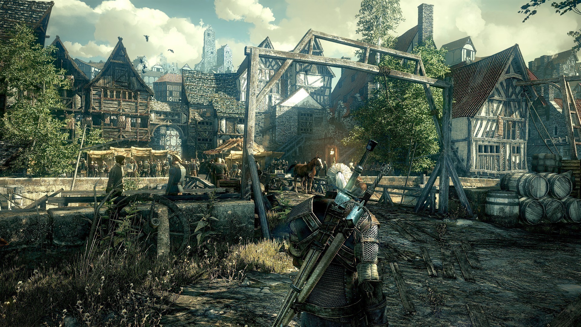 Geralt of Rivia from The Witcher 3: Wild Hunt in a town HD Wallpaper