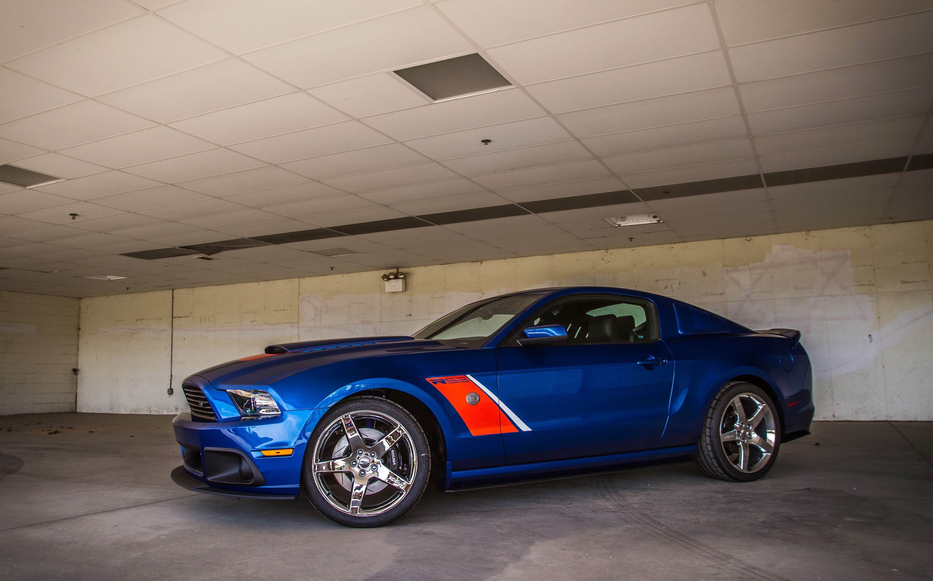 Blue 2013 Ford Mustang RS3 parked indoors HD Wallpaper
