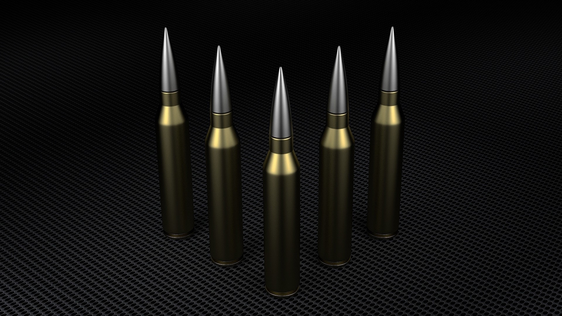 Five rifle cartridges on a black textured surface HD Wallpaper